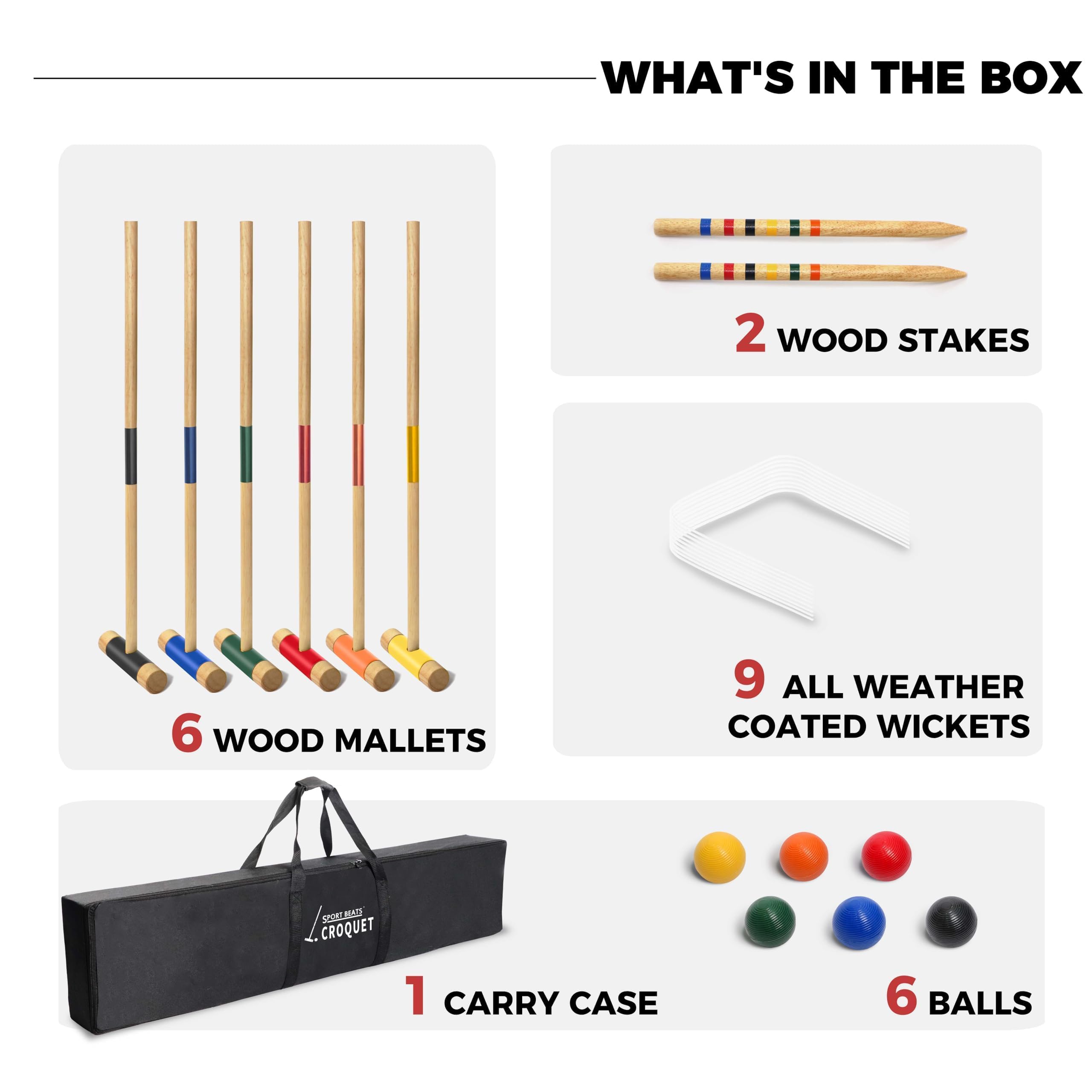 Krocket-Set für sechs Spieler für Erwachsene und Familie, Hinterhof, Outdoor-Spiele | 81,3 cm Schlägel, Gummibaumholz, inklusive 1 Tragetasche, 6 Bälle, 9 Wickets, 2 Heringe
