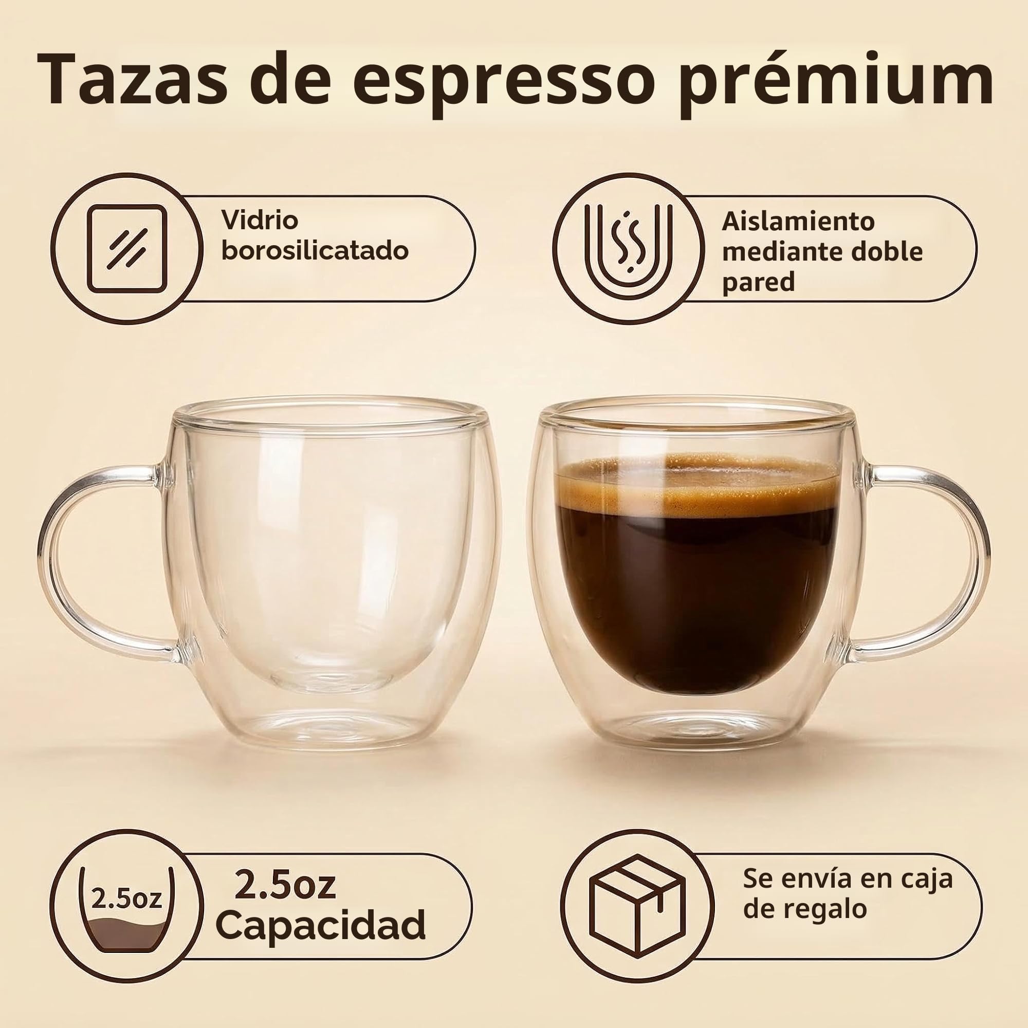 Juego de tazas de espresso (2 unidades de 2.5 onzas/80 ml), tazas de espresso de vidrio de borosilicato de doble pared con asas, ideal para un pequeño chupito de espresso, SSE-114-15