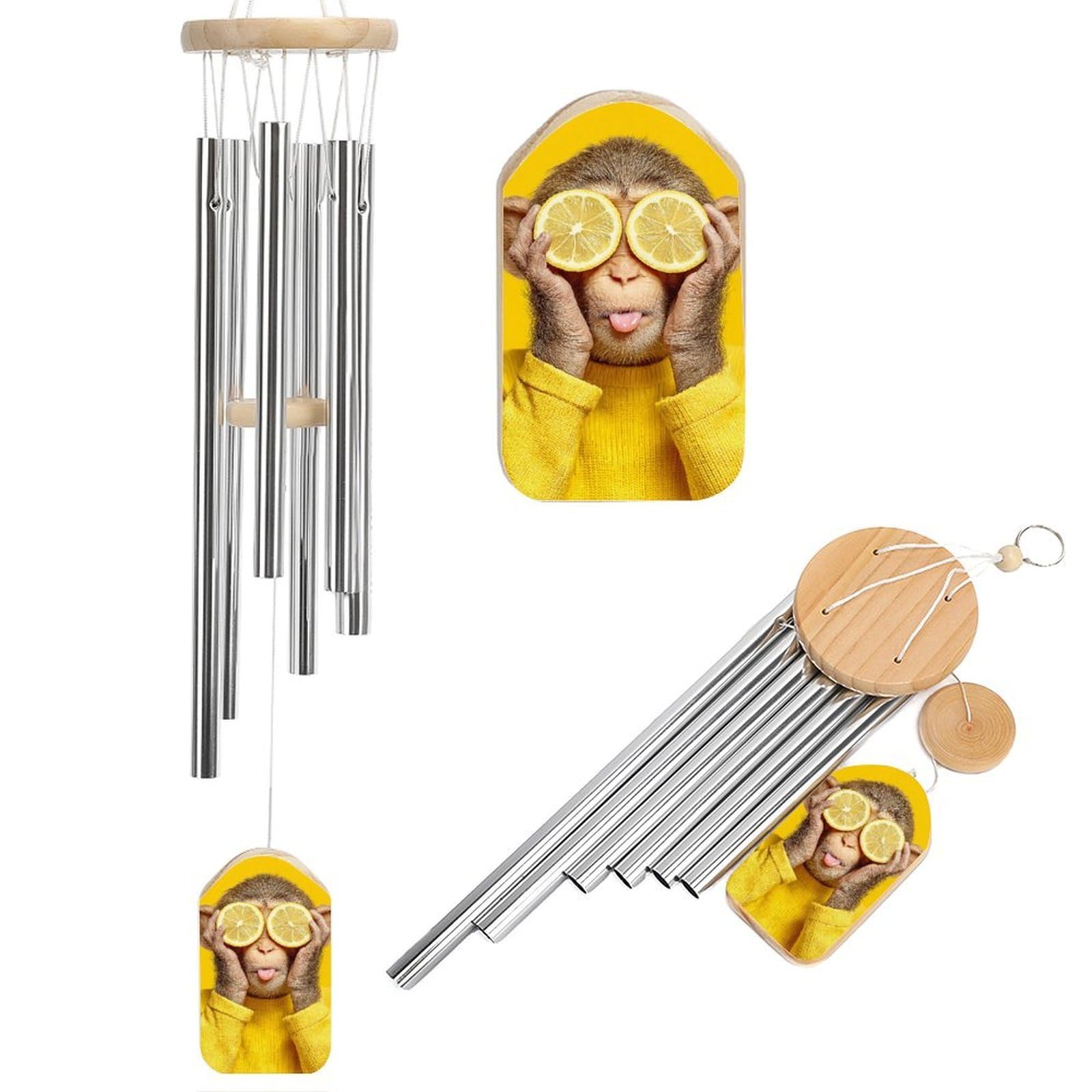 Cute Monkey Holding Lemon Slice Covering Eyes Wind Chimes Memorial Deep Tone Windchime with 6 Aluminum Tubes Outdoor Backyard Garden Decoration