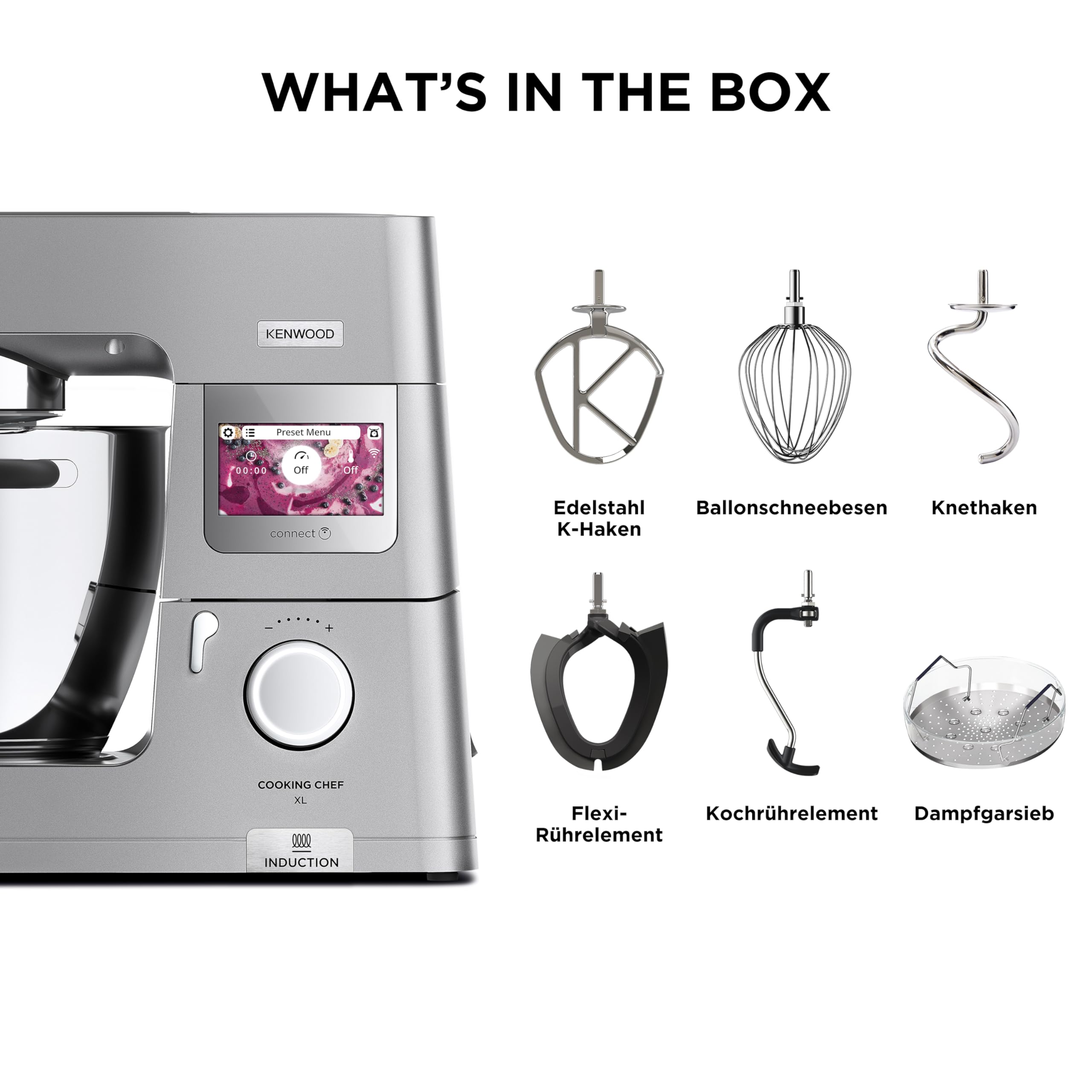 Kenwood Cooking Chef XL KCL95.424SI, Impastatrice Planetaria con Frusta K, Robot da Cucina, Gancio per Impasti, Display LCD, Bilancia Integrata, Ciotola Acciaio Inox 6,7L, 1500W, Argento