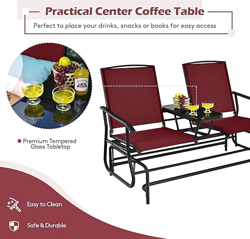 Miniatura 7 de Tangkula Silla mecedora para 2 personas, sofá biplaza mecedora para patio con mesa central de vidrio templado, banco de columpio para exteriores con