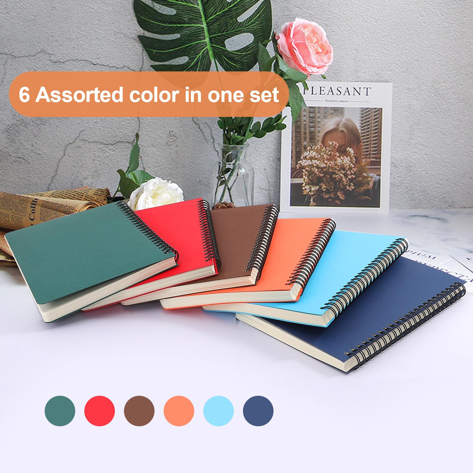 Erinnmy Paquete de 6 cuadernos de espiral de tapa dura, cuadernos A5 con rayas universitarias, 5.5 x 8.5 pulgadas, cuaderno en espiral para trabajo, estudio, oficina, suministros escolares, 80 hojas,