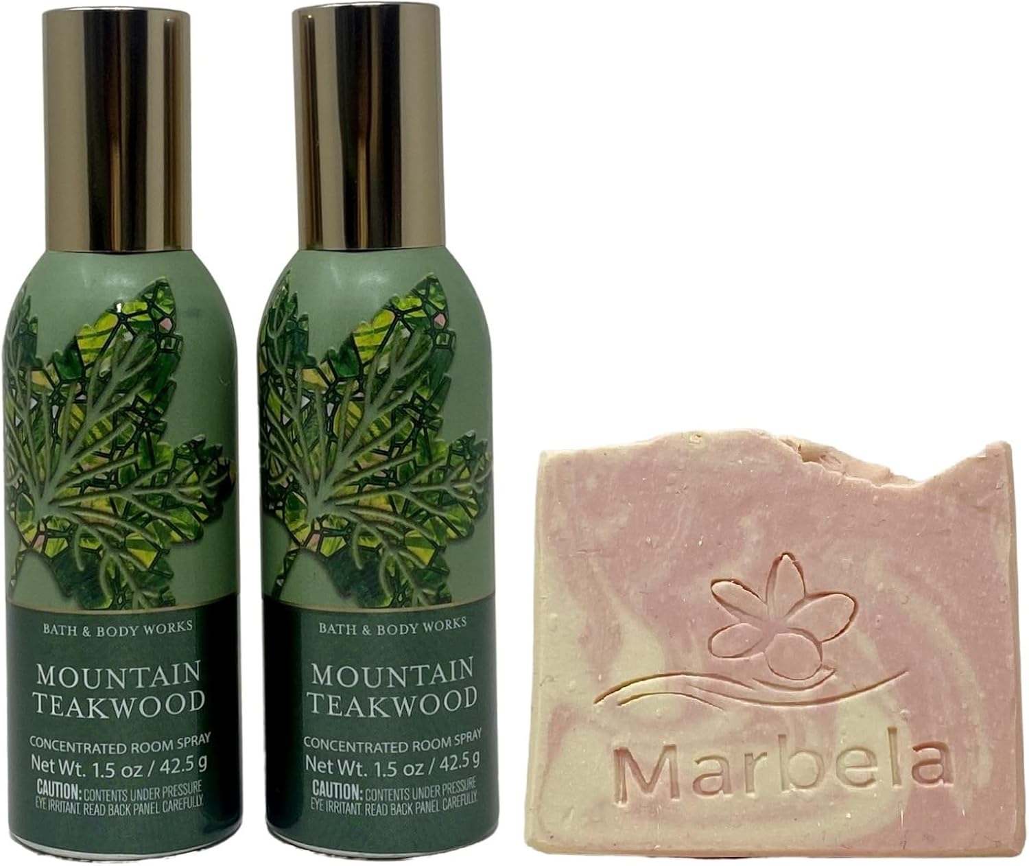 Bath and Body Works Mountain Teakwood Concentrated Room Spray 2 Pack with a Marbela Sample Soap