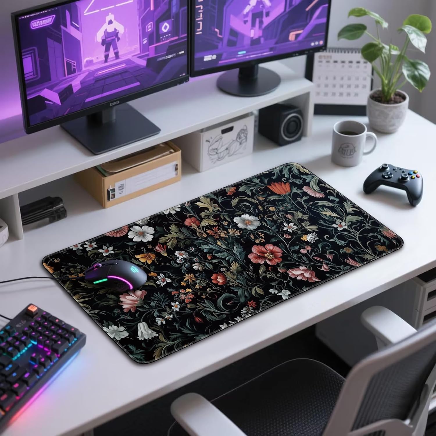Dark Floral Pattern Large Gaming Mouse Pad 31.5"x15.7"｜XXL Desk Mat, Non-Slip Rubber Base & Stitched Edges - Extended Waterproof Mousepad for PC/Laptop/Office/Home Decor - Image 7