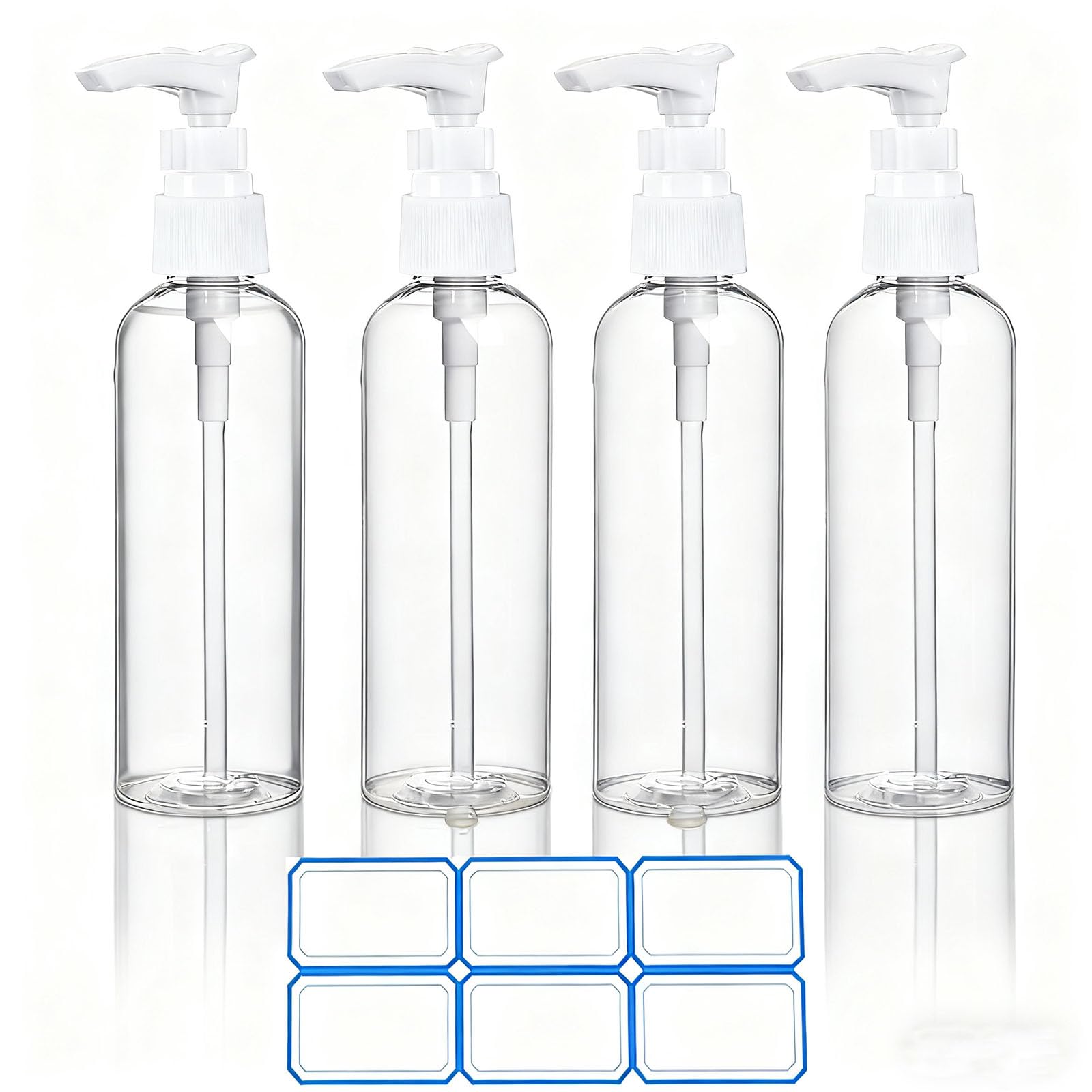 DTDNZKN 4 Pack 3.4 Oz (100ml) TSA Approved Travel Pump Bottles for Toiletries Clear Travel Size Bottles Leak Proof with Labels