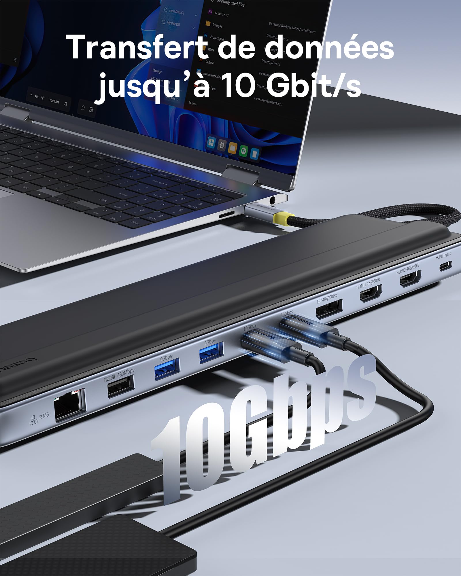 Baseus Station d'accueil pour Ordinateur Portable, 12 en 1, HUB Triple écran 4K, HDMI/DP, 10 Gbit/s USB A/C, Transfert de données Rapide, PD100W, Ethernet, TF/SD, Station d'accueil USB C avec Windows