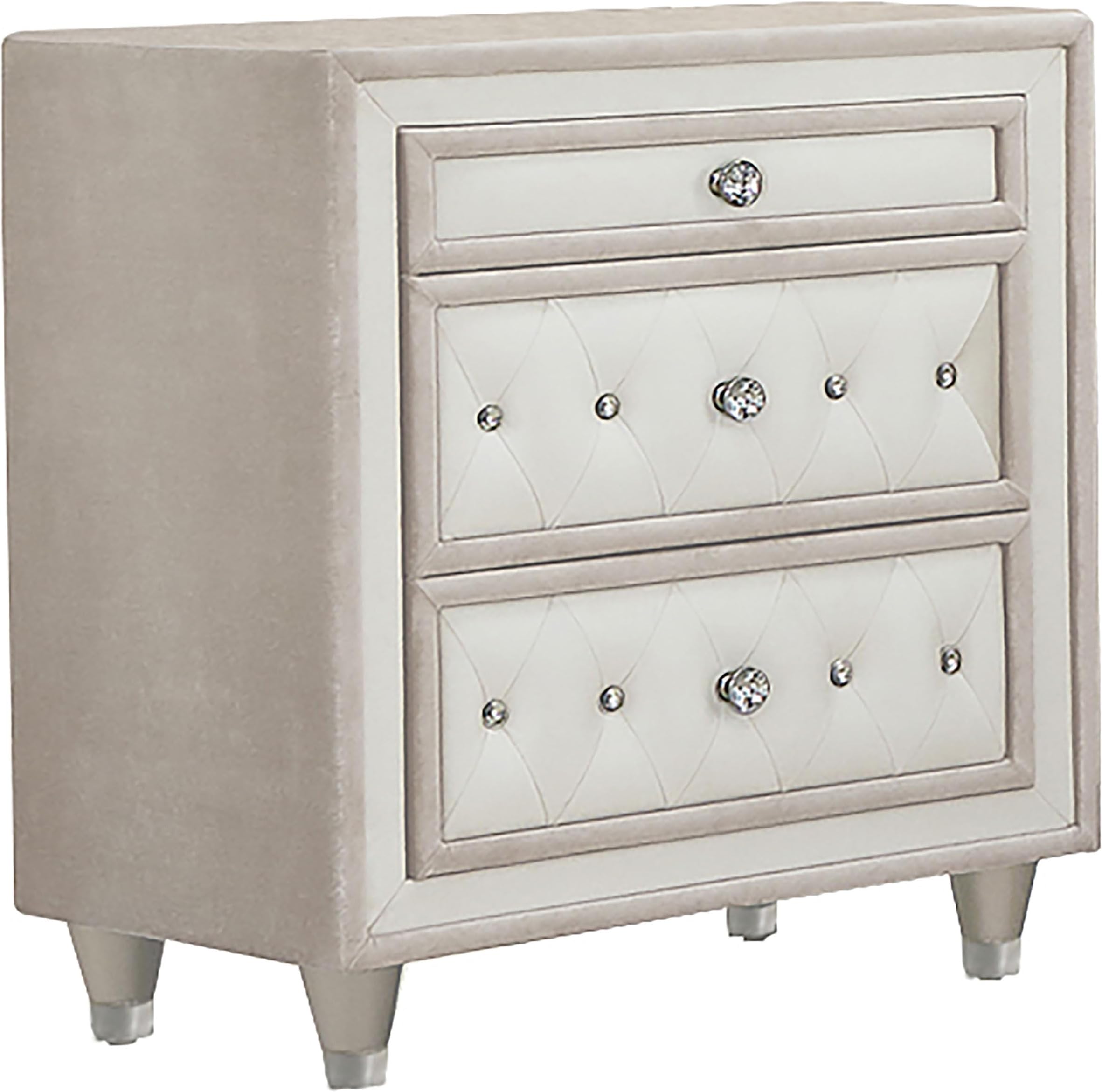 Coaster Home Furnishings - Antonella - Wood - 3-Drawer Upholstered Nightstand with Velvet Upholstery, Button Tufting, Crystal-Like Buttons and Tapered Legs - Bedroom - Ivory and Camel - 223522