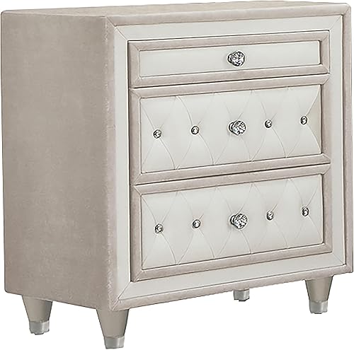 Coaster Home Furnishings Mesita de noche de terciopelo con 3 cajones en color marfil y camello