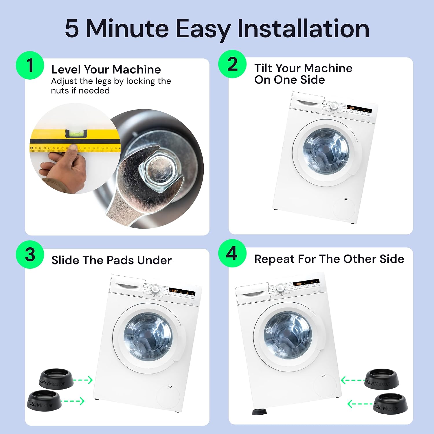 CasterMaster Washing Machine Anti Vibration Pads - 4-Pack Black Rubber - Noise & Vibration Reduction - Non-Slip Floor Protector - Rubber Mat for Washer & Dryer - Universal Fit on Tile Wood Laminate