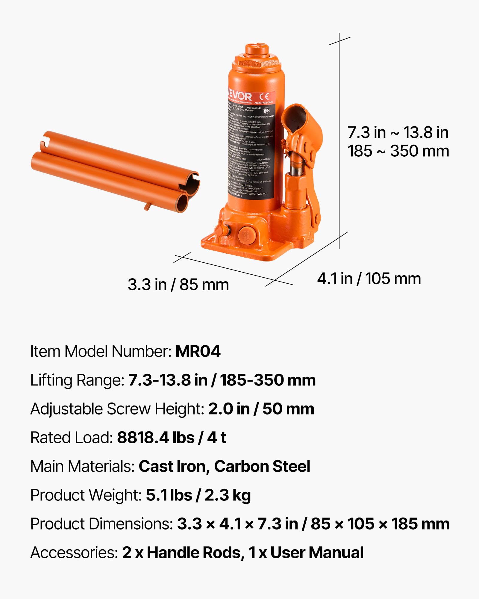 VEVOR Cric Bouteille Hydraulique Grande Capacité 4 T, Cric de Levage pour Voiture Plage de Levage 185-350 mm, pour Entretien Réparation Automobile et Équipement Agricole, Atelier Garage, Orange