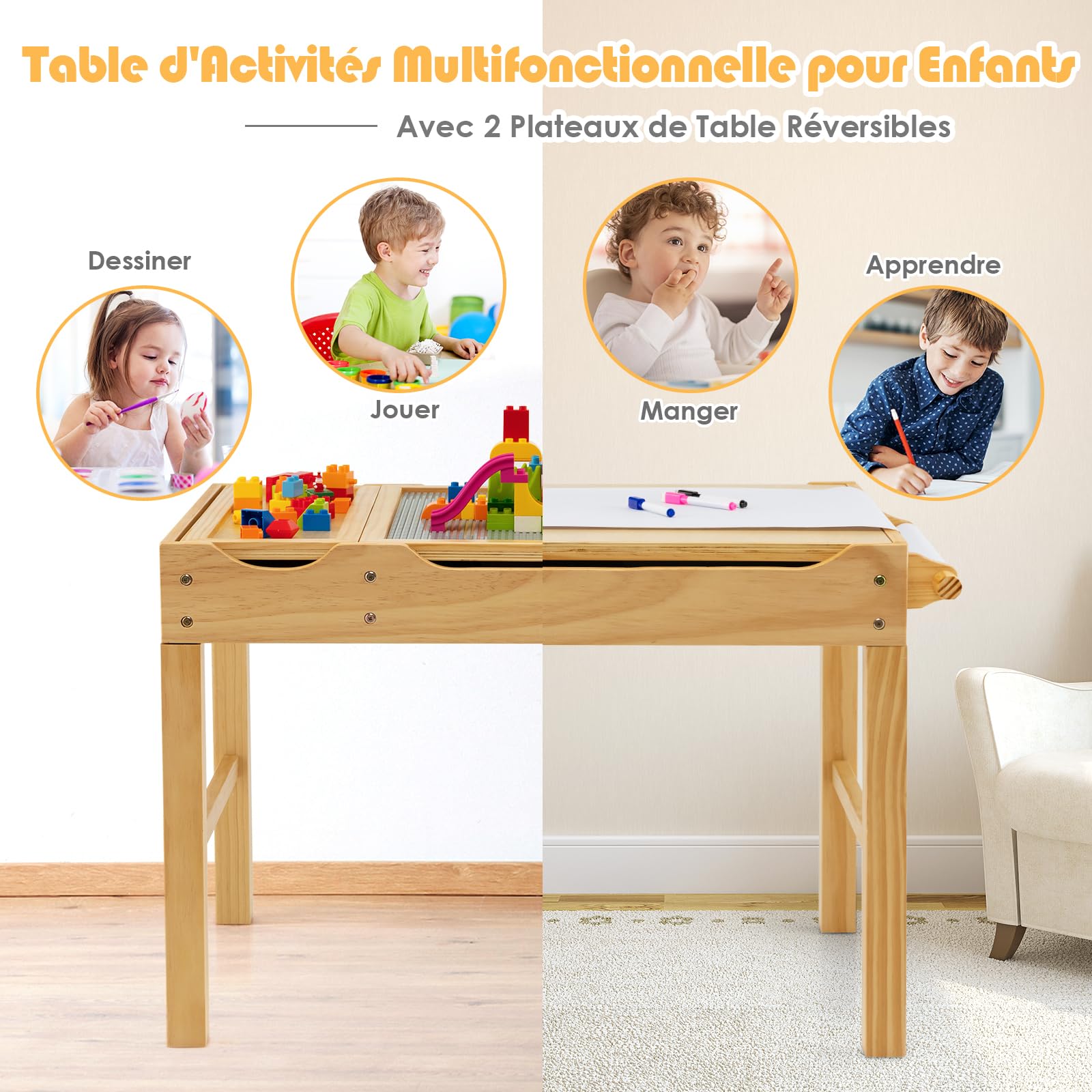 DREAMADE Table de Jeu Multi-Activités en Bois Enfants 80x60x57CM,Table de Construction Réversible Tout-Petits 3+Ans avec Plateau Double Face,Rouleau de Papier,3 Cubes,Papier Dessin (Naturel)