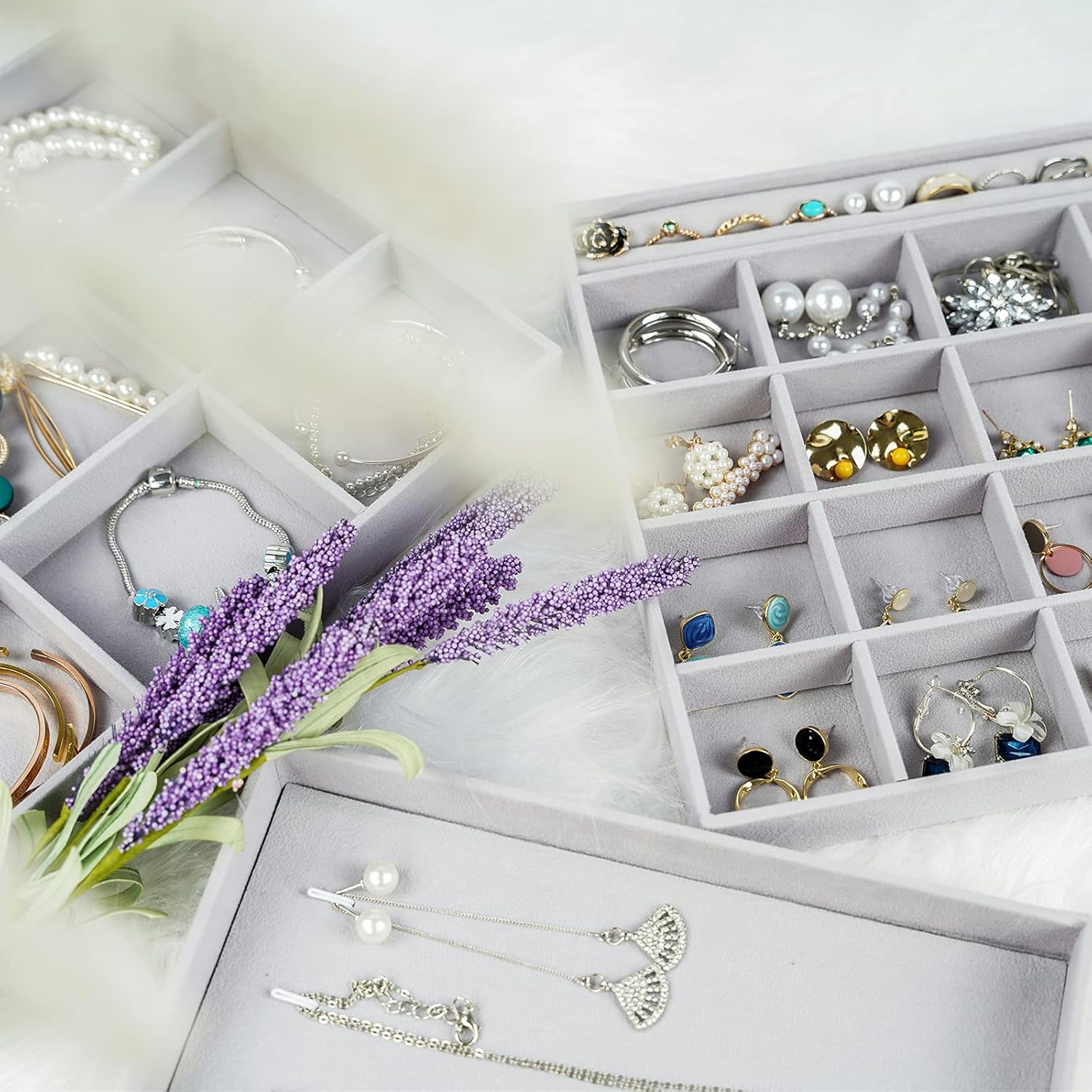 ProCase 3 Set Stackable Jewelry Organizer for Drawer Vanity Dresser, Jewelry Display Storage Tray for Ring Necklace Earring Watch with Removable Dividers -Grey : Clothing, Shoes & Jewelry