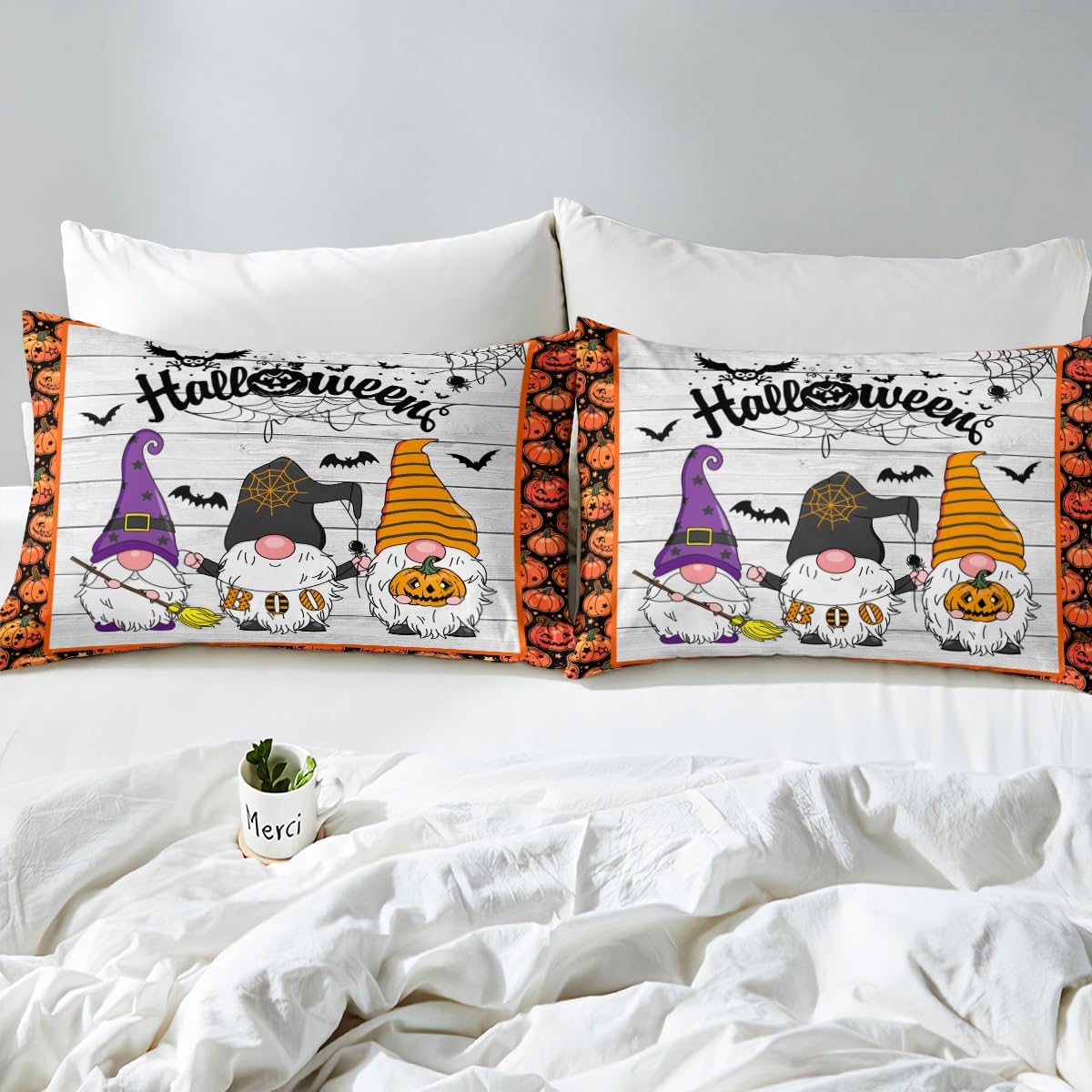 Halloween Gnomes Duvet Cover Set Double Size, Black Spider Web Bats Comforter Cover with 2 Pillowcases - Image 4