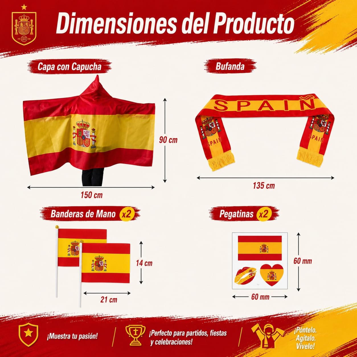 Kit de Animación Mundial 2026 con Capa Bandera de España y Bufanda España Mundial 2026, Pegatinas Faciales y Banderines de Mano para Celebración de Partidos y Estadios por Aficionados