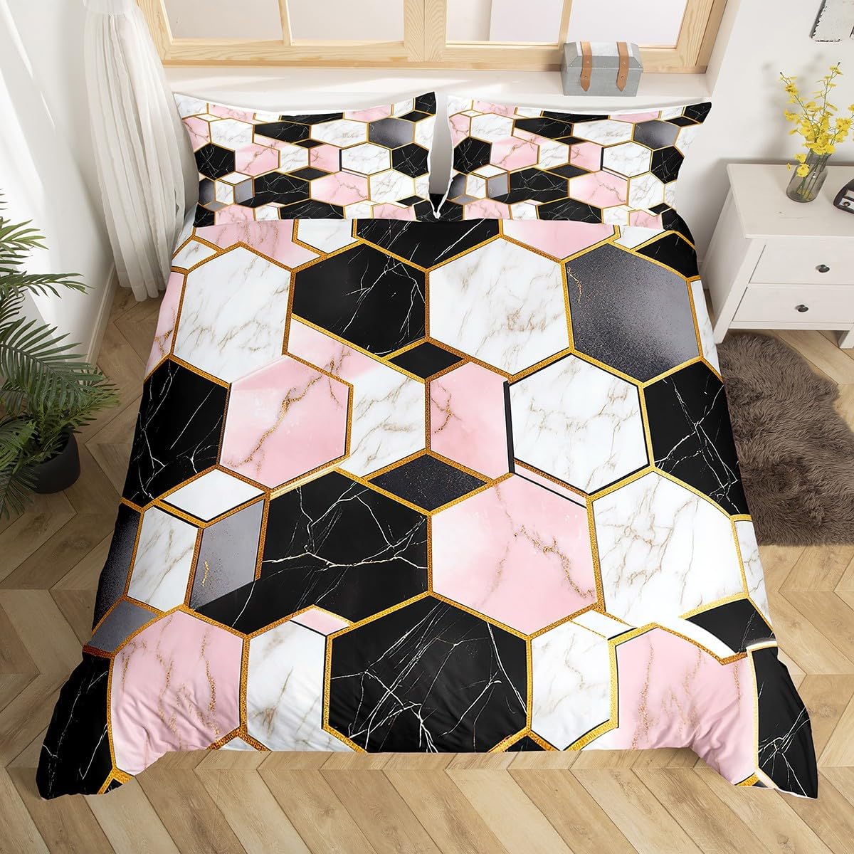 Manfei Geometric Duvet Cover Set Queen Size, Luxury Marble Comforter Cover with 2 Pillowcases, Black White Pink Bedding Set 3pcs for Kids Boys Girls Abstract Gold Lines Bedspread Cover,No Comforter