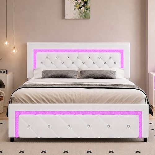 BarnFurin Full Bed Frame with LED Lights, Diamond Tufted Headboard, White
