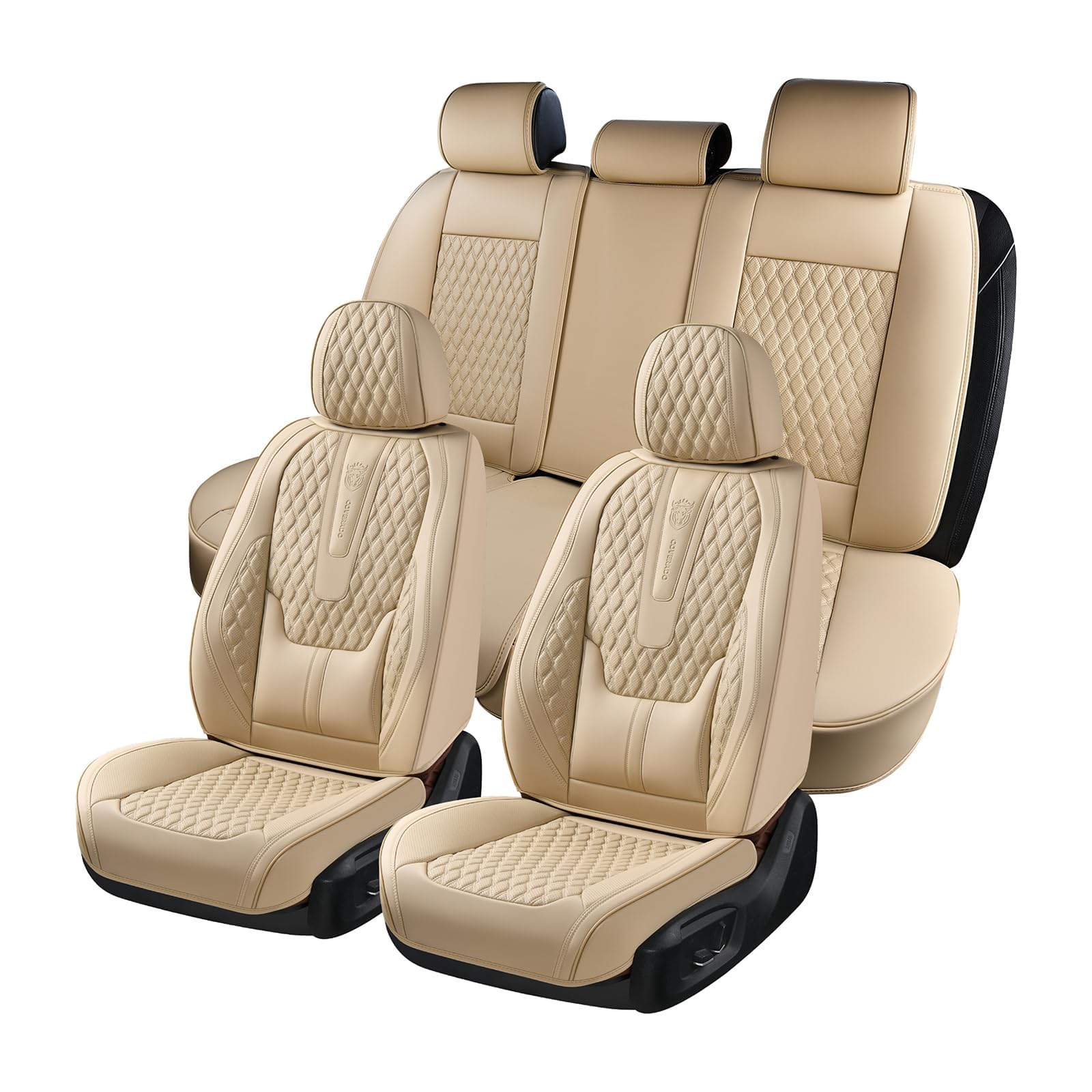 Coverado Sitzbezüge Auto Vorne und Hinten 5 Stück - Kunstleder Autositzbezüge mit Lendenwirbelstütze, Universell Auto-Schonbezüge Set Fit für die meisten Autos SUV PKW, Limousinen und LKW B-8859