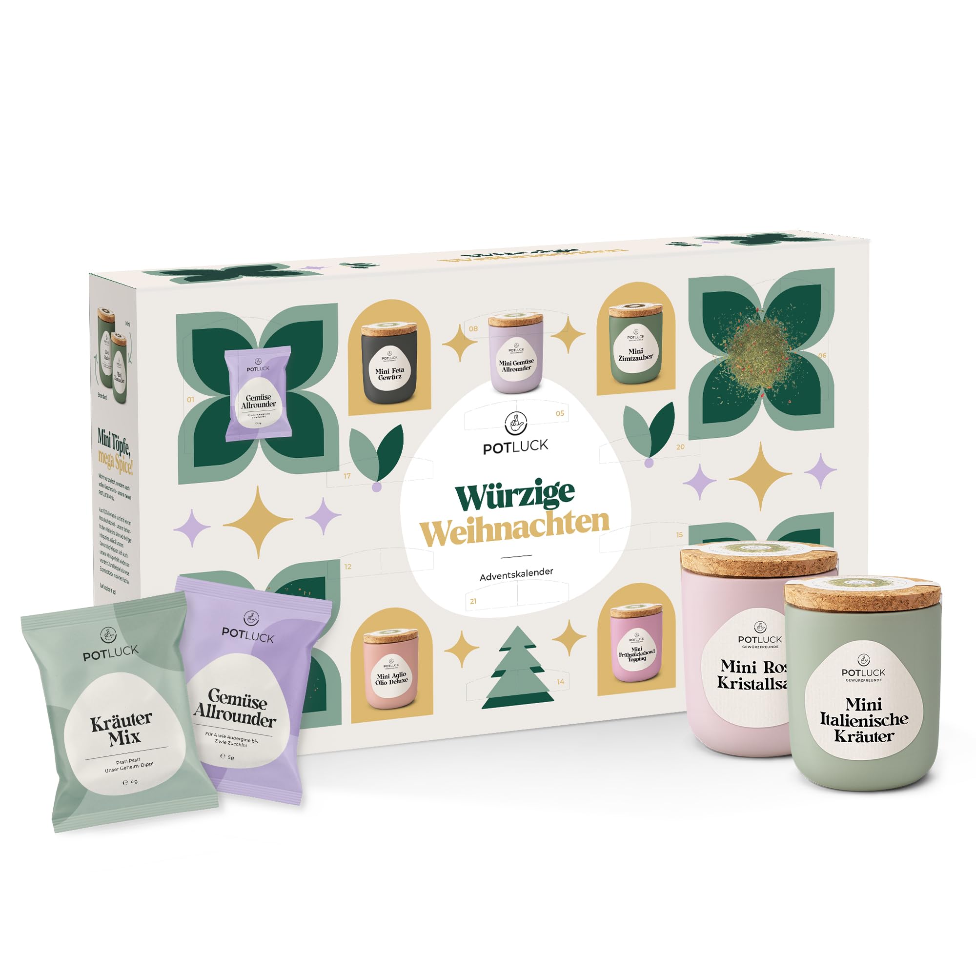 Potluck | Mini Adventskalender 2025 | Tannenzauber | Gewürzkalender mit 24 abwechslungsreichen Gewürzmischungen zum Probieren | Geschenkidee für Advents- & Weihnachtszeit
