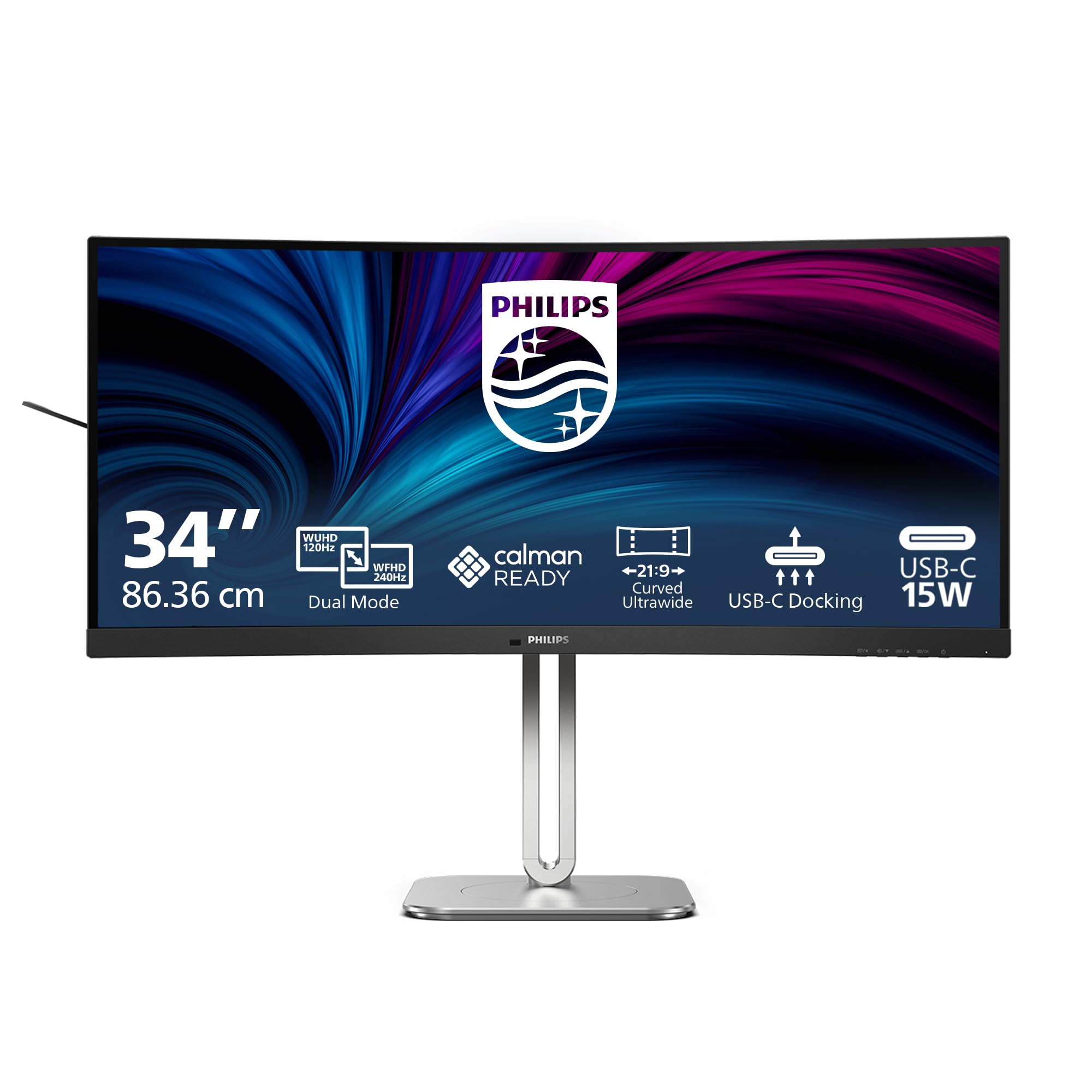 PHILIPS Monitor 34B2U5900C 34 pollici Curvo 5120x2160@120Hz; 2560x1080@240Hz, dual mode, VA Panel, 4ms GtG, USB Hub Speakers, Height Adjustment, (HDMI2x 2.1 DP 1x 1.4), HDR400, Grigio Scuro