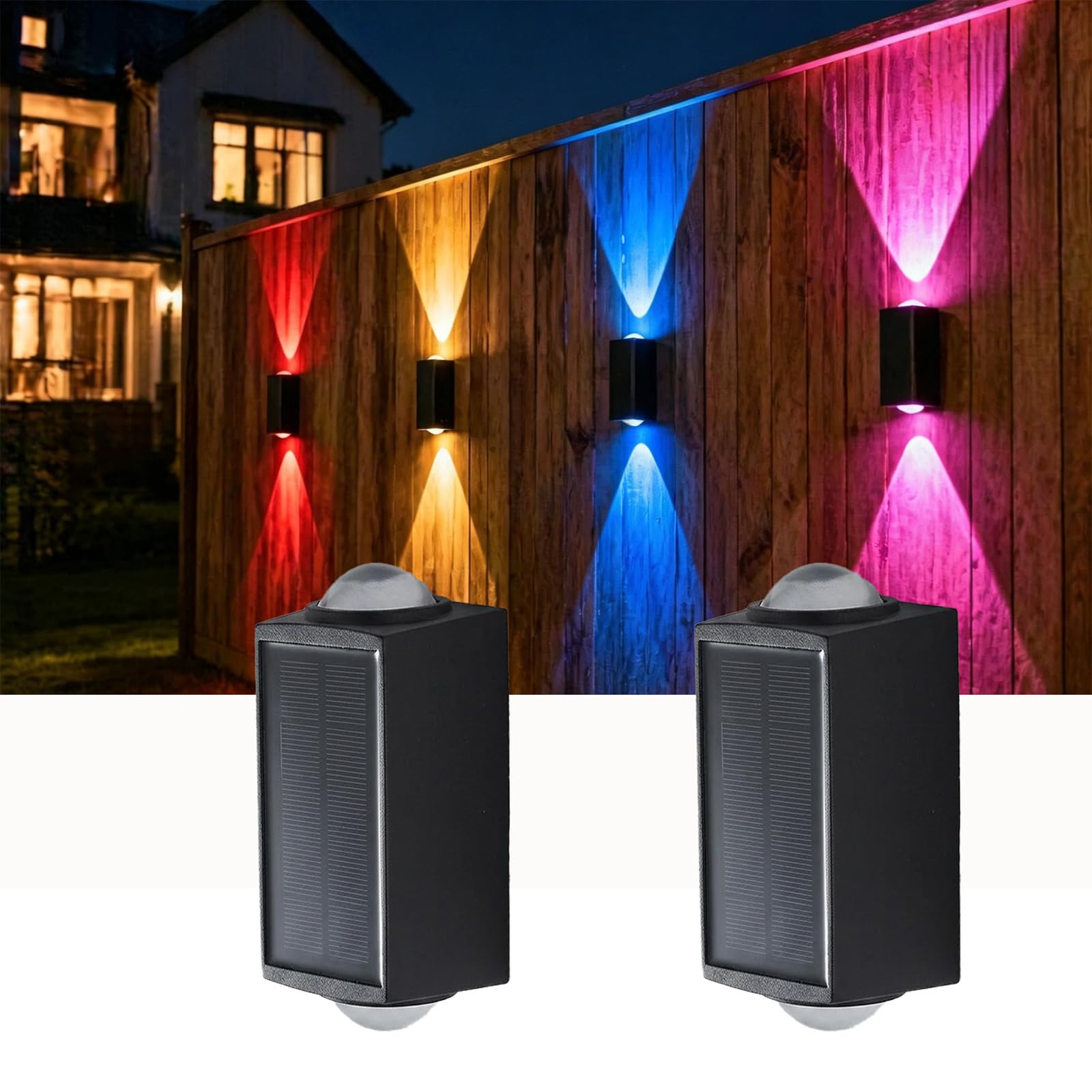 Beuaati Solar Lights Outdoor Garden (2 Pack), 9 Light Modes & RGB Colour Changing, Up & Down Dual-Beam Design, IP65 Waterproof, Solar Wall Lights for Exterior Walls, Garden, Fence, Balcony