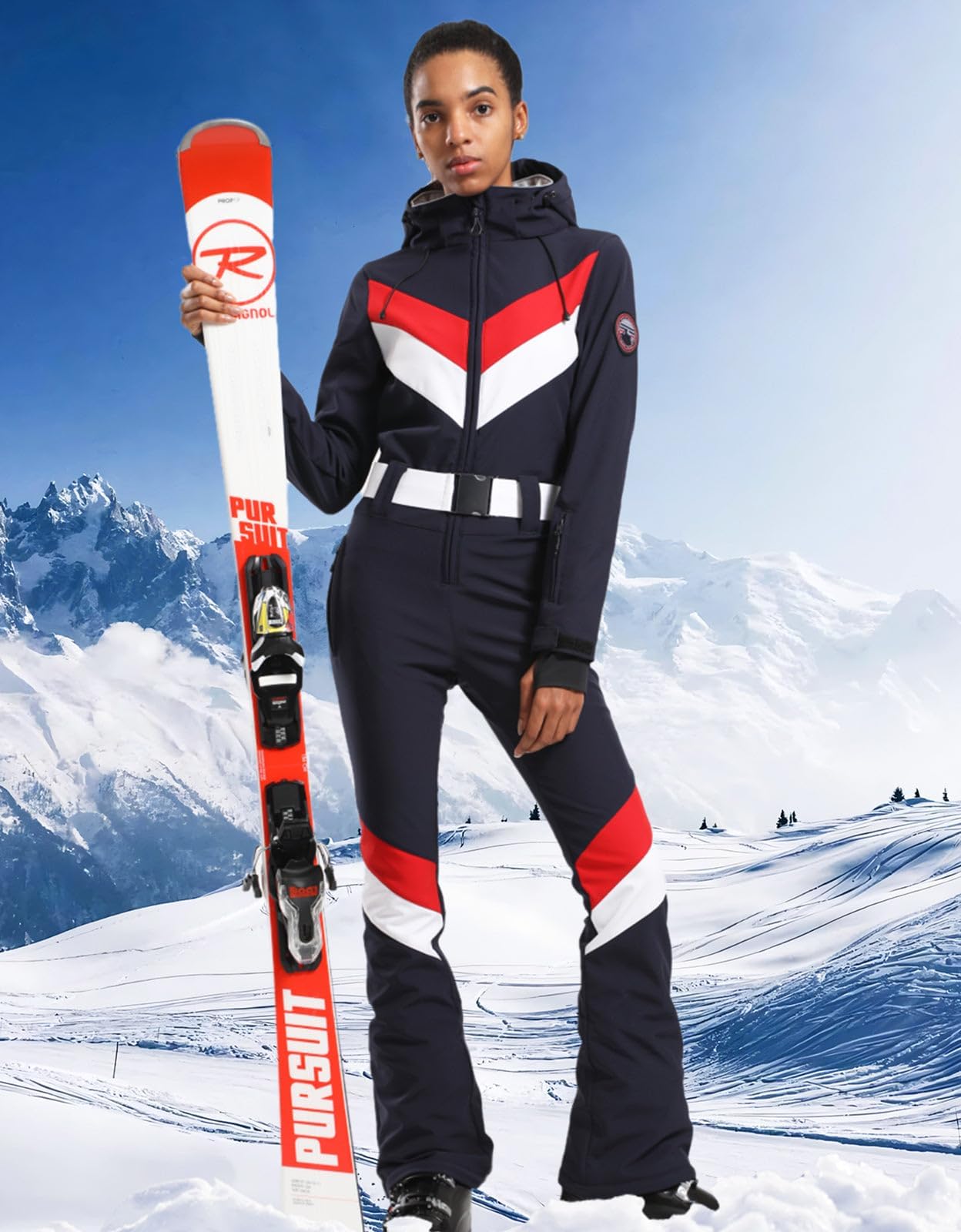 GSOU SNOW Combinaison de Ski Femme, Une Pièce Multiples Poches à Capuche Imperméable Coupe-vent Respirante Chaude