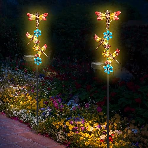 Miniatura 2 de Luces solares de jardín, paquete de 2 luces solares de libélula al aire libre, decoración de jardín, impermeable, libélula luces solares de estaca