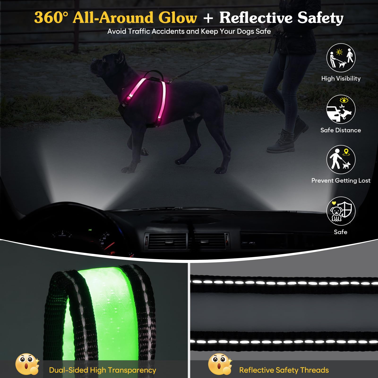 PZRLit Rechargeable LED Dog Harness, Multi-Color Light Up Glow Dark Vest with Reflective Strips - Image 3