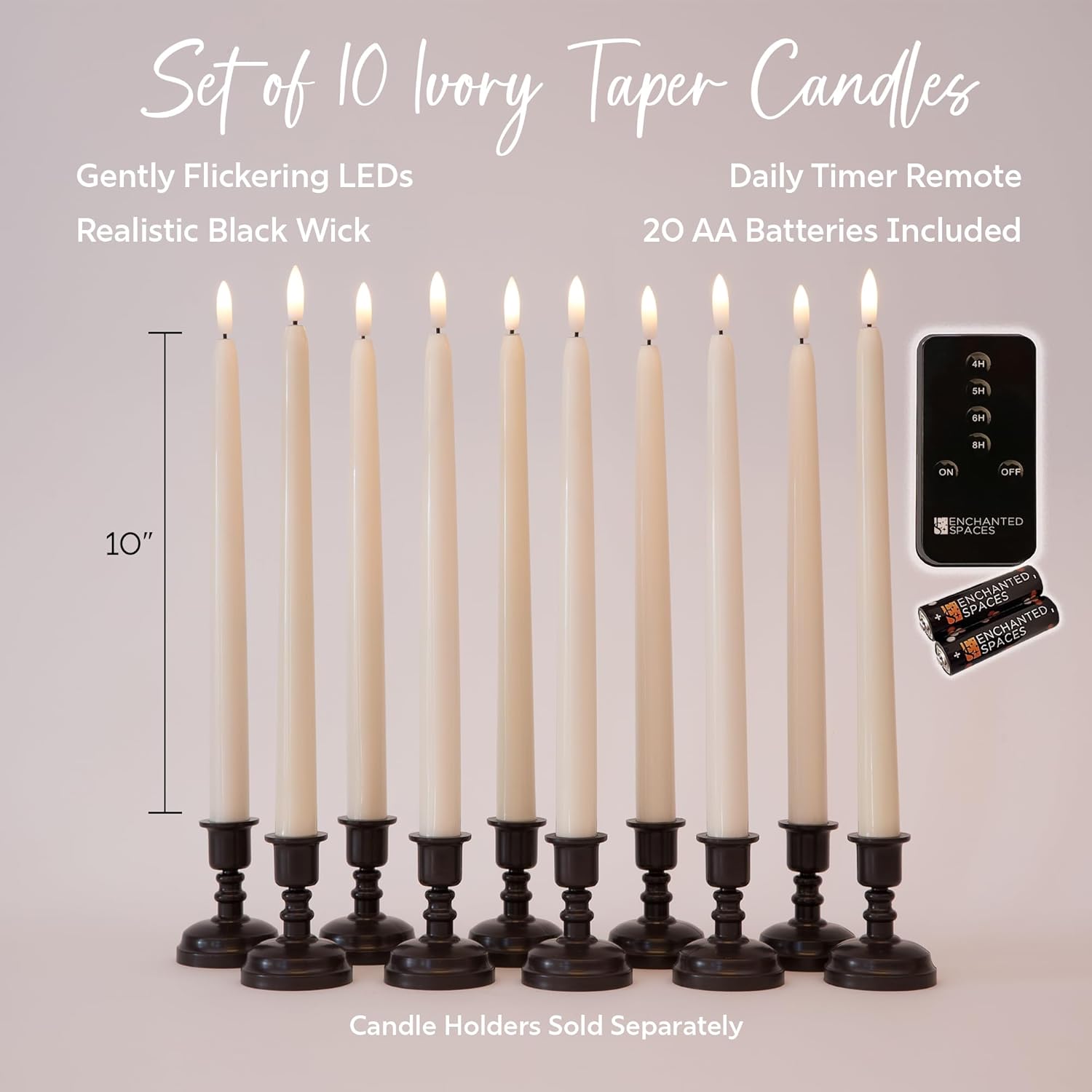 Set of 10 Daily Timer Flameless LED Ivory 10" Taper Candles with Realistic Black Wick, Daily Timer Remote Control and 20 AA Batteries, Candle Holders NOT Included