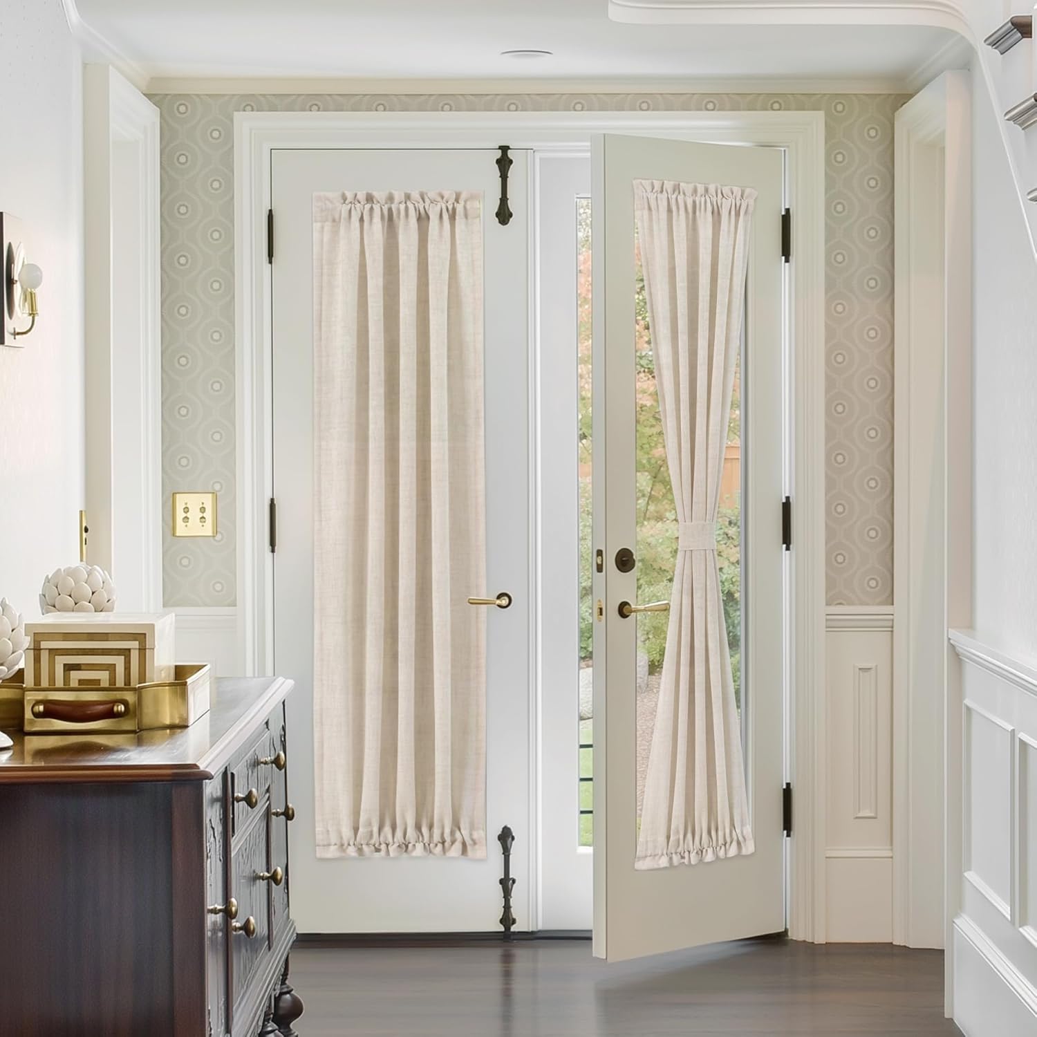 FMFUNCTEX Linen French Door Curtain Panels 72 Inches Long, Natural Flax Linen Window Draperies for Front Sliding Glass Doors Tiebacks for Glass Door Patio Windows, Rod Pocket 1 Panels