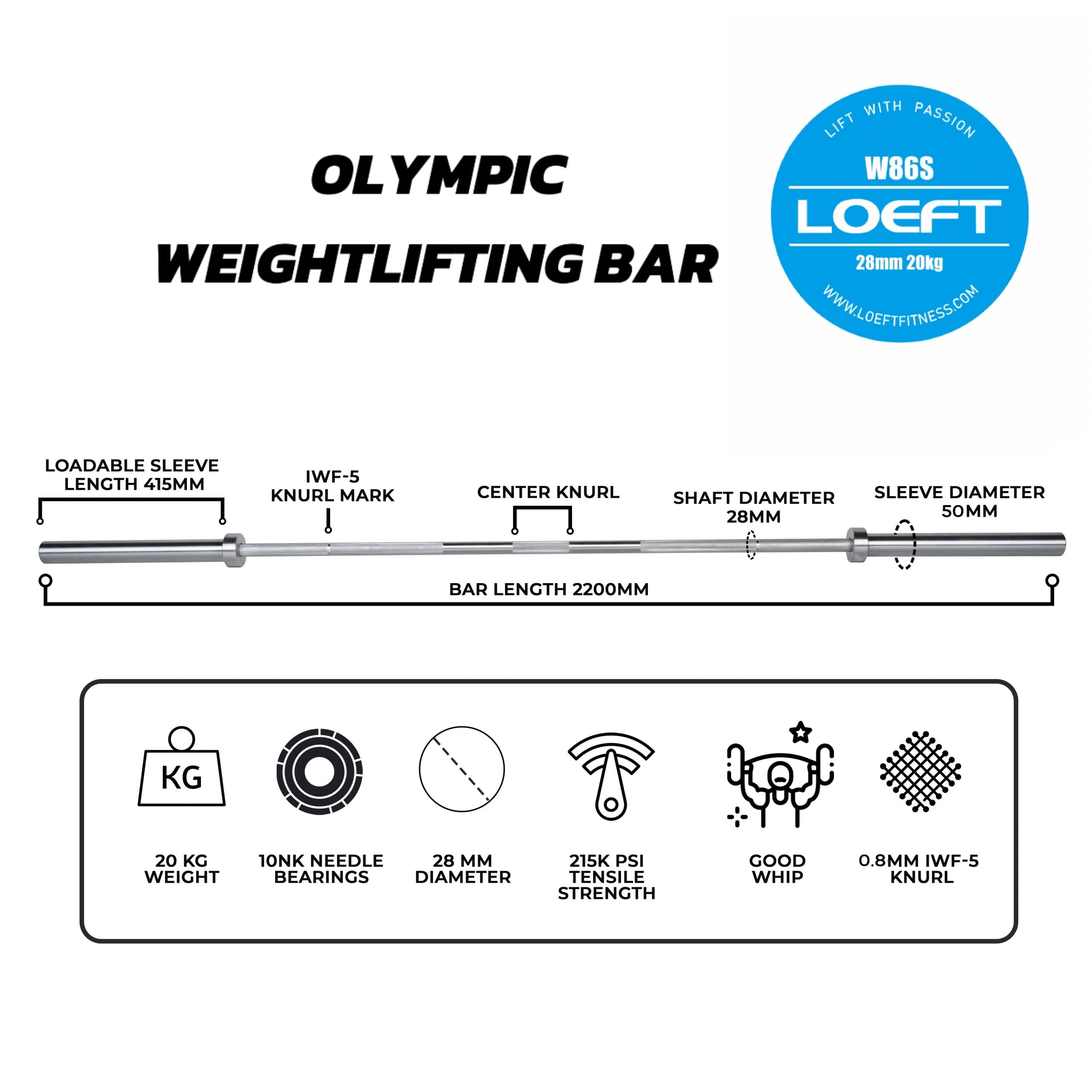 LOEFT Professional Weightlifting Barbell, 7ft Olympic Barbell for Weightlifting 45lbs, 2000 lbs Weight Capacity 215K PSI Weight Bar Fit 2