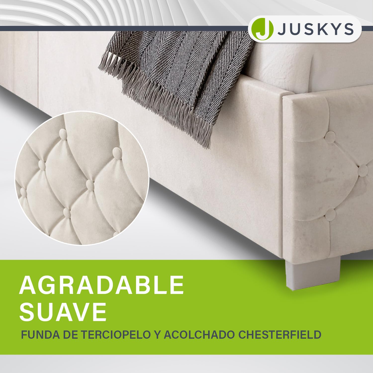 Juskys Cama tapizada Nizza 120 x 200 cm - Bastidor con somier, canapé e iluminación led - Cama con Revestimiento de Terciopelo y Acolchado Chesterfield - Beis
