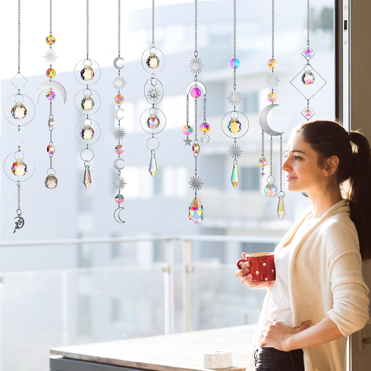Ysleen 10 Pcs Colorful Crystals Suncatcher Hanging Sun Catcher for Window with Chain Pendant Ornament Garden Prism Light Chandelier for Valentine Wedding Party Indoor Outdoor Gift(Silver)
