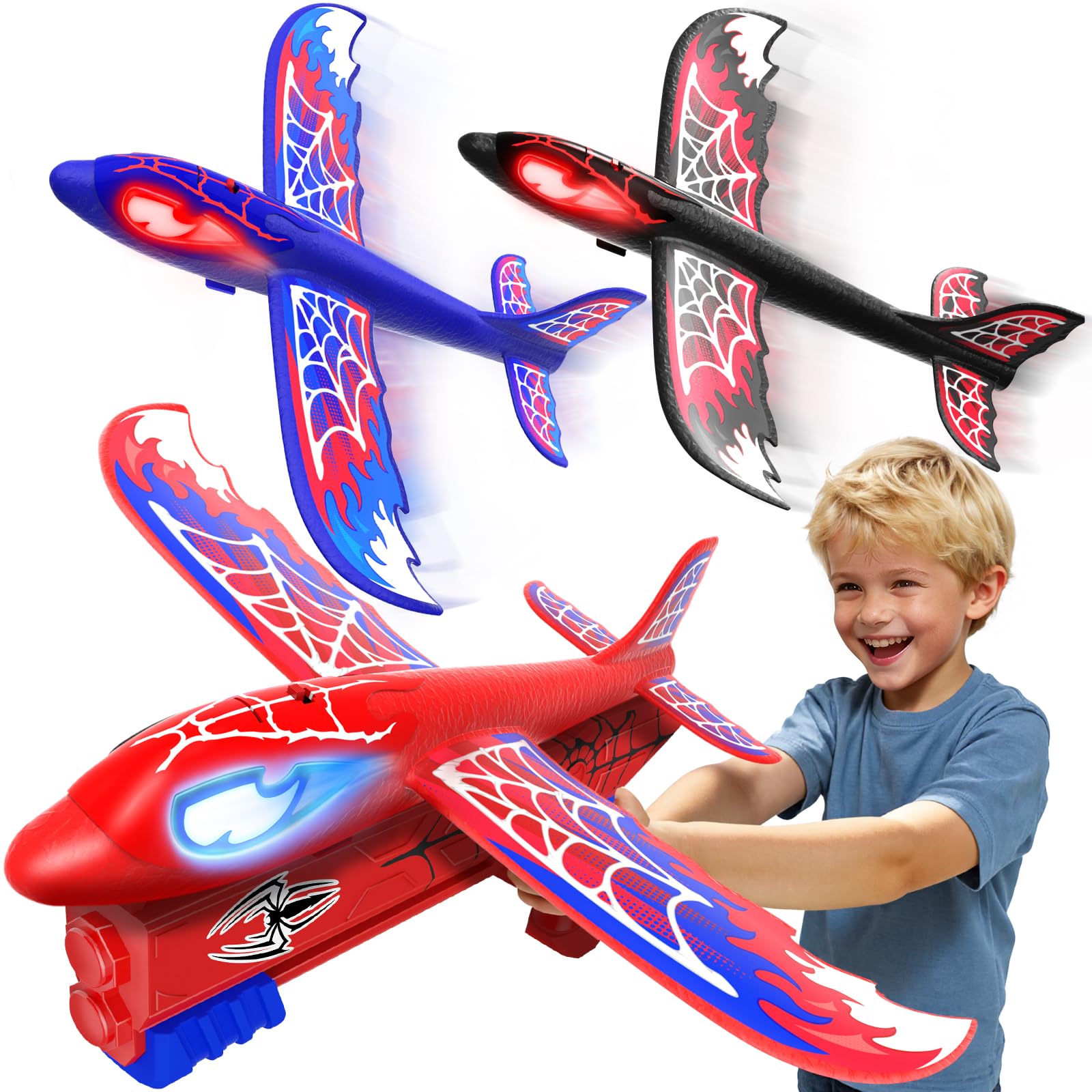 Flugzeug Spielzeug Launcher mit 3 Styropor Flugzeuge Leuchtend Augen & Spinnennetz Flügel,S-pider Outdoor Spielzeug Kinder Garten Spiele ab 3-12 Jahre Geschenk Jungen 3 4 5 6 7 8 9Jahre Ostergeschenke