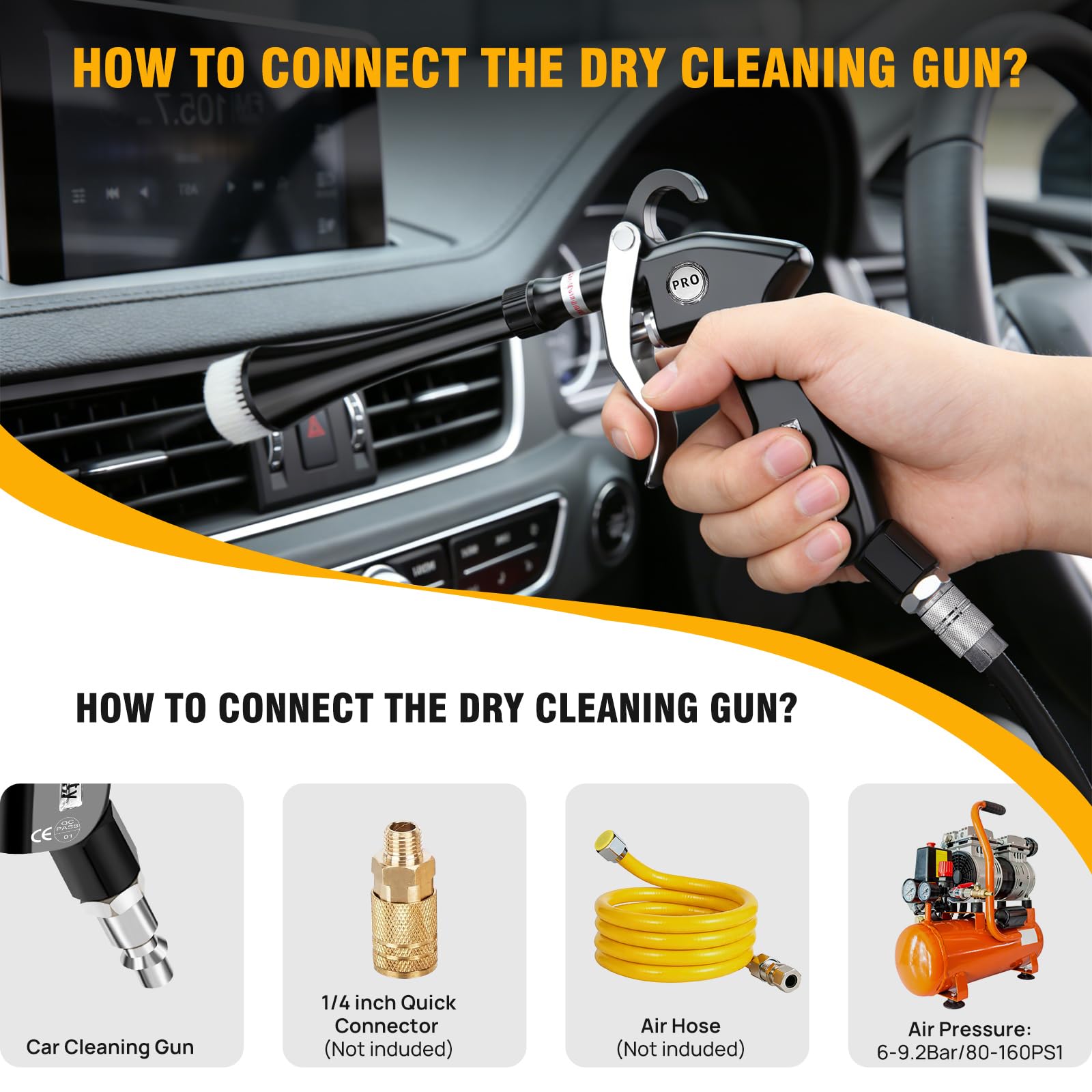 Pistolet de nettoyage à sec, pistolet de nettoyage pour l'intérieur de voiture, séchoir d'intérieur, outils d'entretien automobile avec 2 buses 2 tuyaux en plastique pour éliminer la saleté