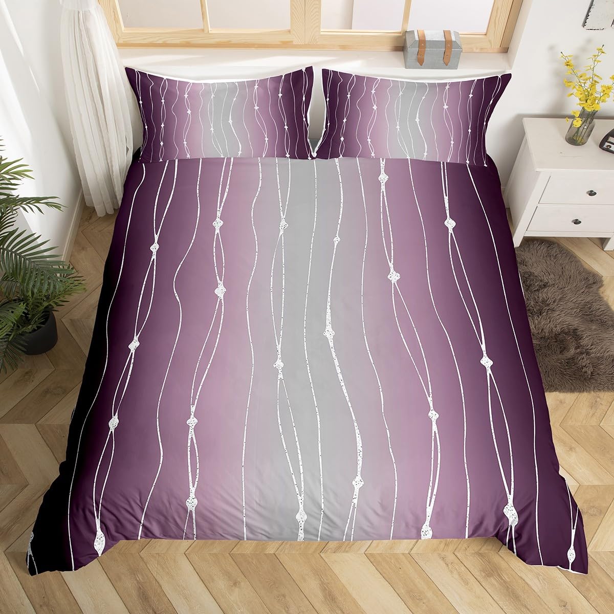 Homewish Purple and Grey Watercolor Bed Set Wave Stripe and Dots Duvet Cover Queen Size, Geometric Aesthetic Bedding Sets Ombre Gradient Comforter Cover, Modern Abstract Lines Bed Cover