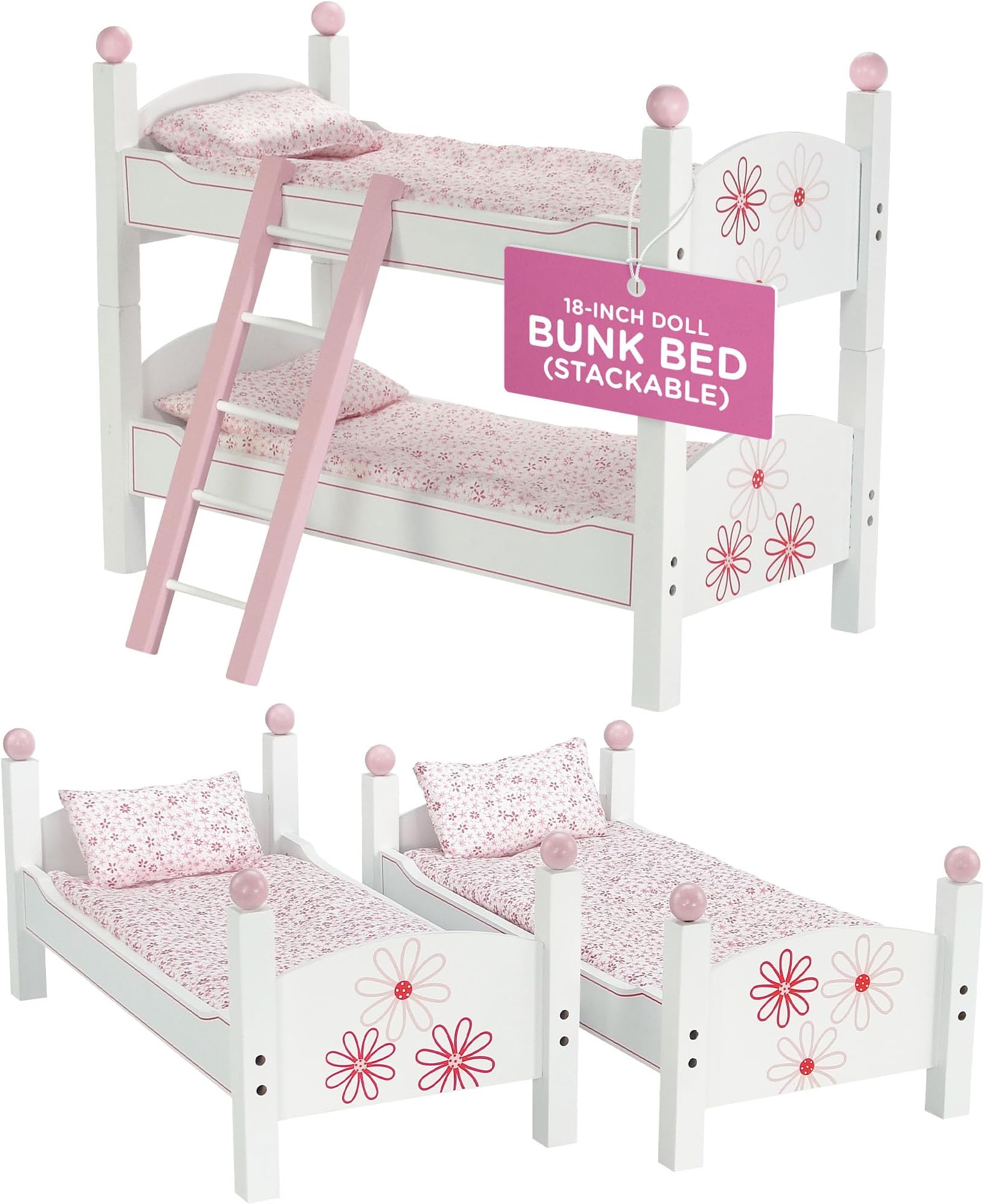 Emily Rose 18 Inch Doll Furniture | 2 Single Beds - Stackable Bunk Bed - Hand-painted, Includes 2 Sets of Quilted Bedding, Mattress Ladder | Fits 18 American Girl Dolls
