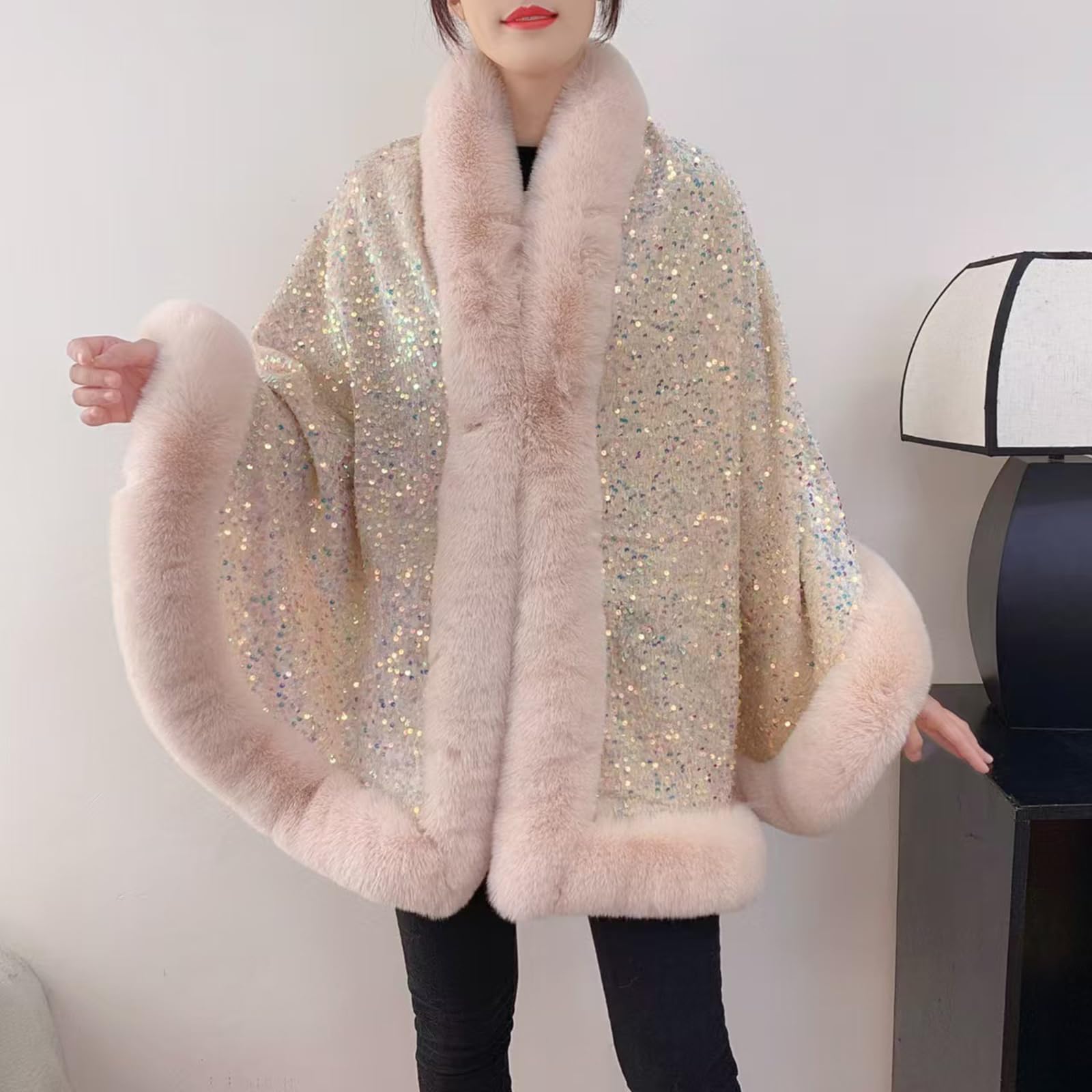 Châle en fausse fourrure à paillettes pour femme, élégante cape poncho ouverte sur le devant, châles et étoles pour robes de soirée
