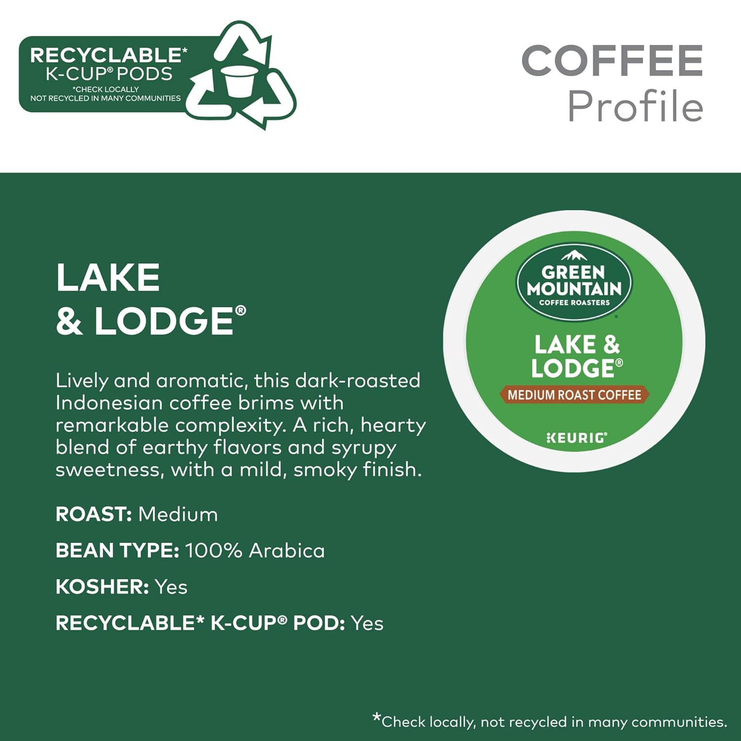 Green Mountain Coffee Roasters, Medium Roast, Keurig Single-Serve K-Cup Pods, Lake and Lodge Coffee, 96 Count