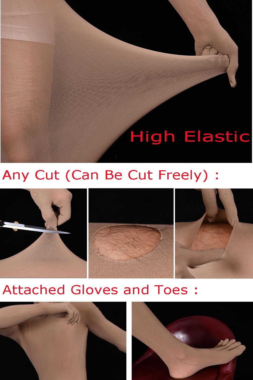 Unisex Plus Size 80D Seamless Any Cut High Elastic Full Bodystocking Bodysuit Catsuit Attached Gloves and Toes