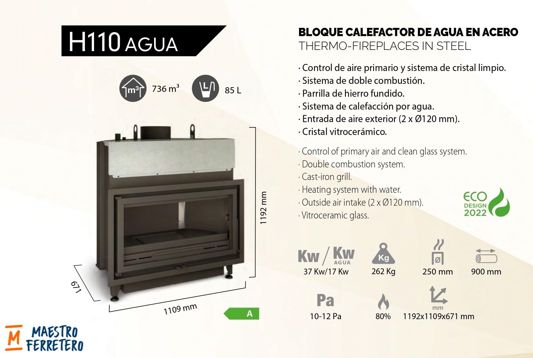 Chaudière à bois H110 38,5 kW chauffage central 400 m² rendement 83,8% sortie fumée 250 mm