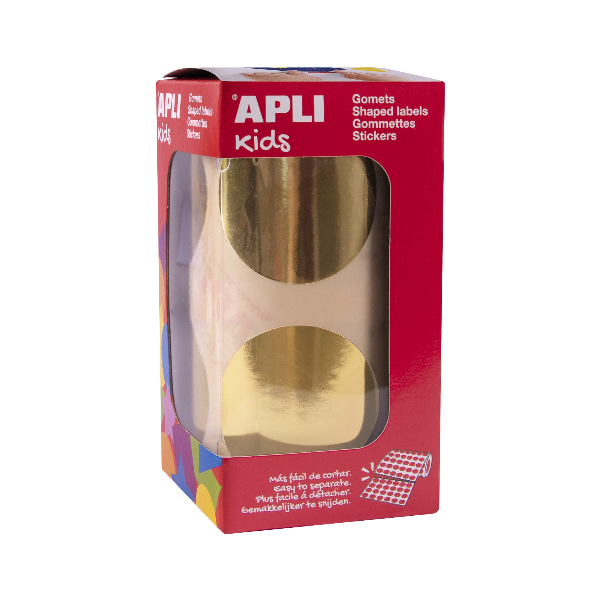 APLI Kids 18483 – Roll of 354 Round Gummies Ø45 mm Metallic Gold, Permanent Adhesive