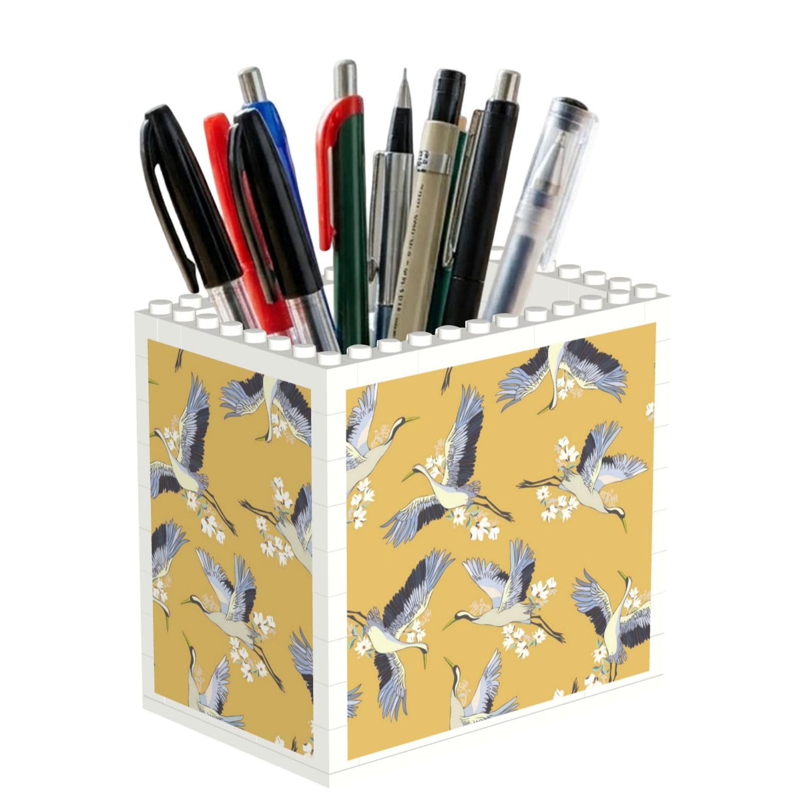 SATUSA Birds Print Building Block Texture Pen Holder - Pencil Holder For Desk Pen Organizer,Aesthetic Desk Accessories For Women(1pcs)