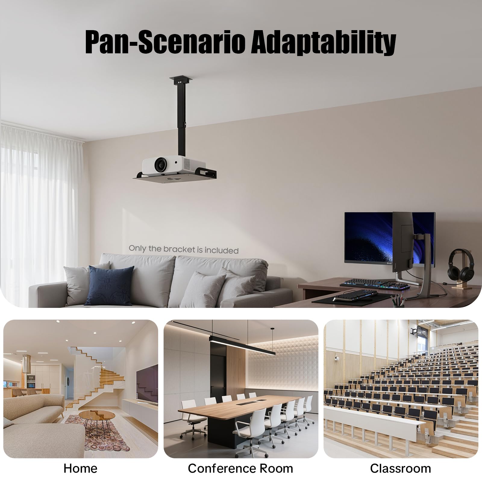 Supporto universale per proiettore, supporto da soffitto regolabile in altezza e supporto da parete per proiettore, portata massima 14 kg, 34 – 56 cm, regolabile con passacavo nascosto