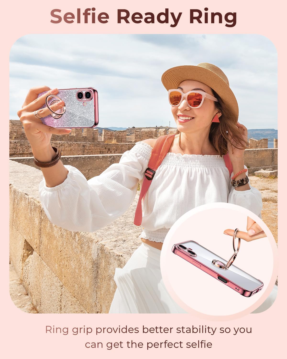 XYZ for iPhone 17 Case with Stand, Phone Case with Double Ring Kickstand, Women Girls Bling Luxury Glitter Clear Phone Case Cover Heart for Apple 17, Rose Gold - Image 2