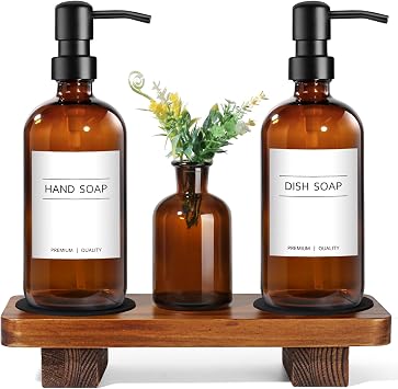 Kitchen Soap Dispenser Set with Wood Riser Tray, Amber Glass Soap Dispenser with Stainless Steel Pump, Hand and Dish Soap Dispenser Set for Kitchen, Soap and Lotion Dispenser Bathroom DecorAmber