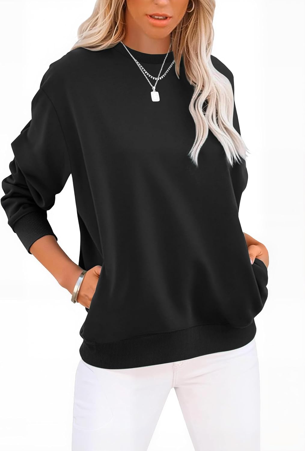 Womens Sweatshirts Cotton Crewneck Tops Long Sleeve Cute Lightweight Fall Winter Loose Casual Pullover with Pockets