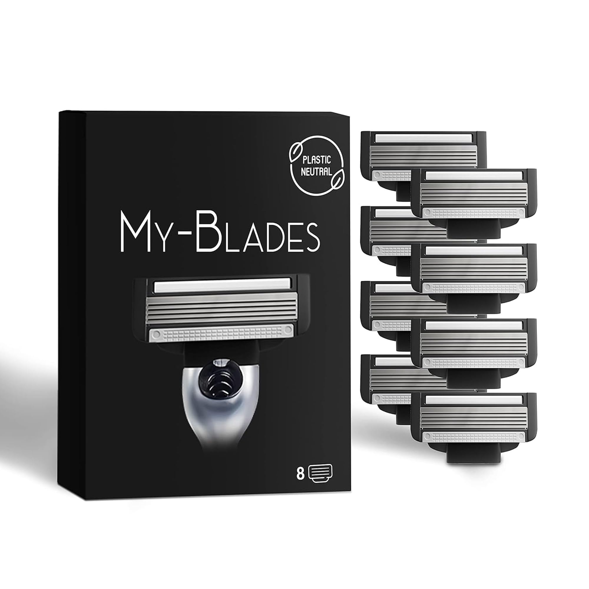 Ostrza wymienne do Gillette Mach3, My-Blades® 8 wkładów z 3 ostrzami, stal powlekana platyną z paskiem nawilżającym, mało plastiku i ekologiczne