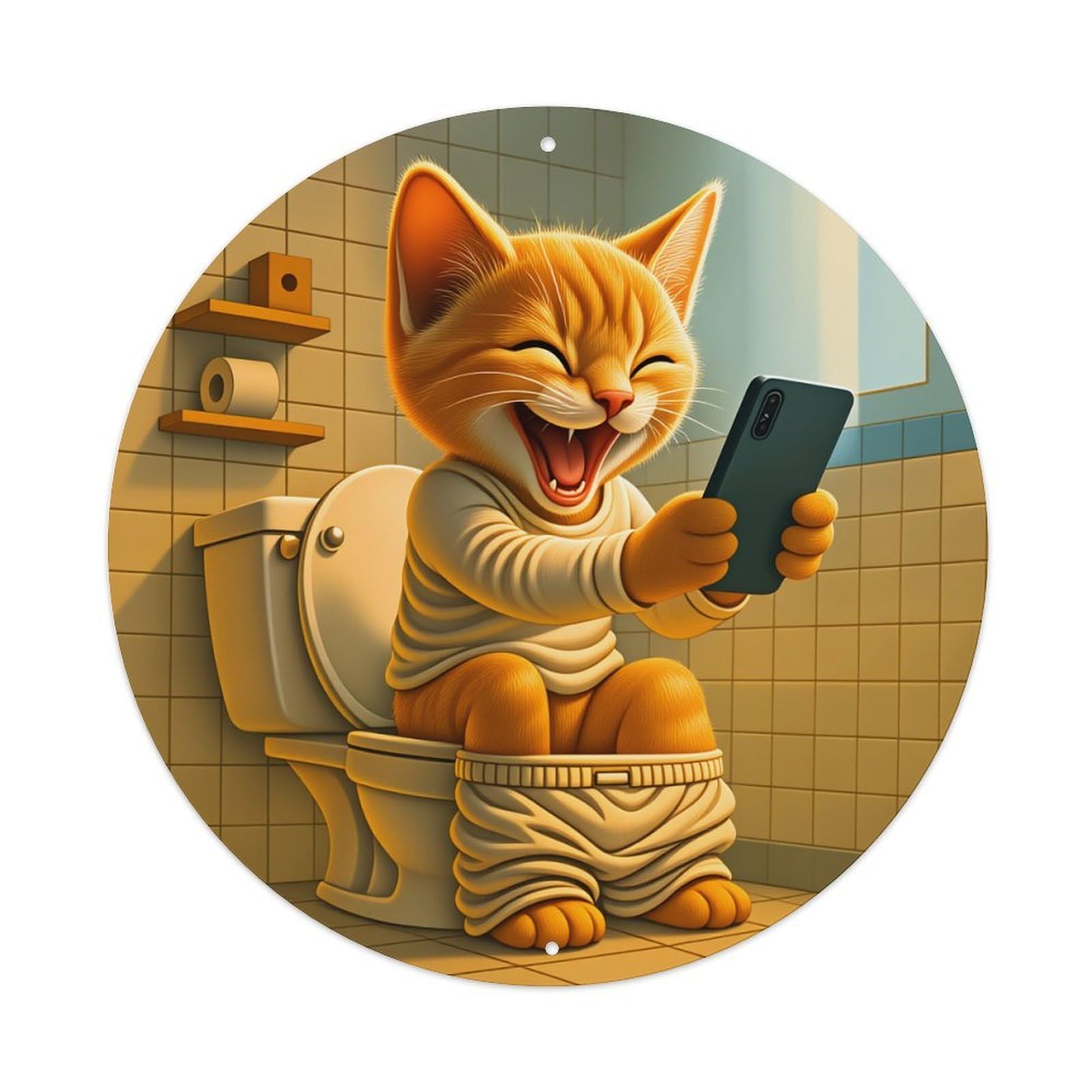 Cute Cat Laughing Phone Toilet Round Tin Sign Vintage Style Metal Sign Home Bar Garden Wall Plaque Decor Metal Poster 8x8 Inch