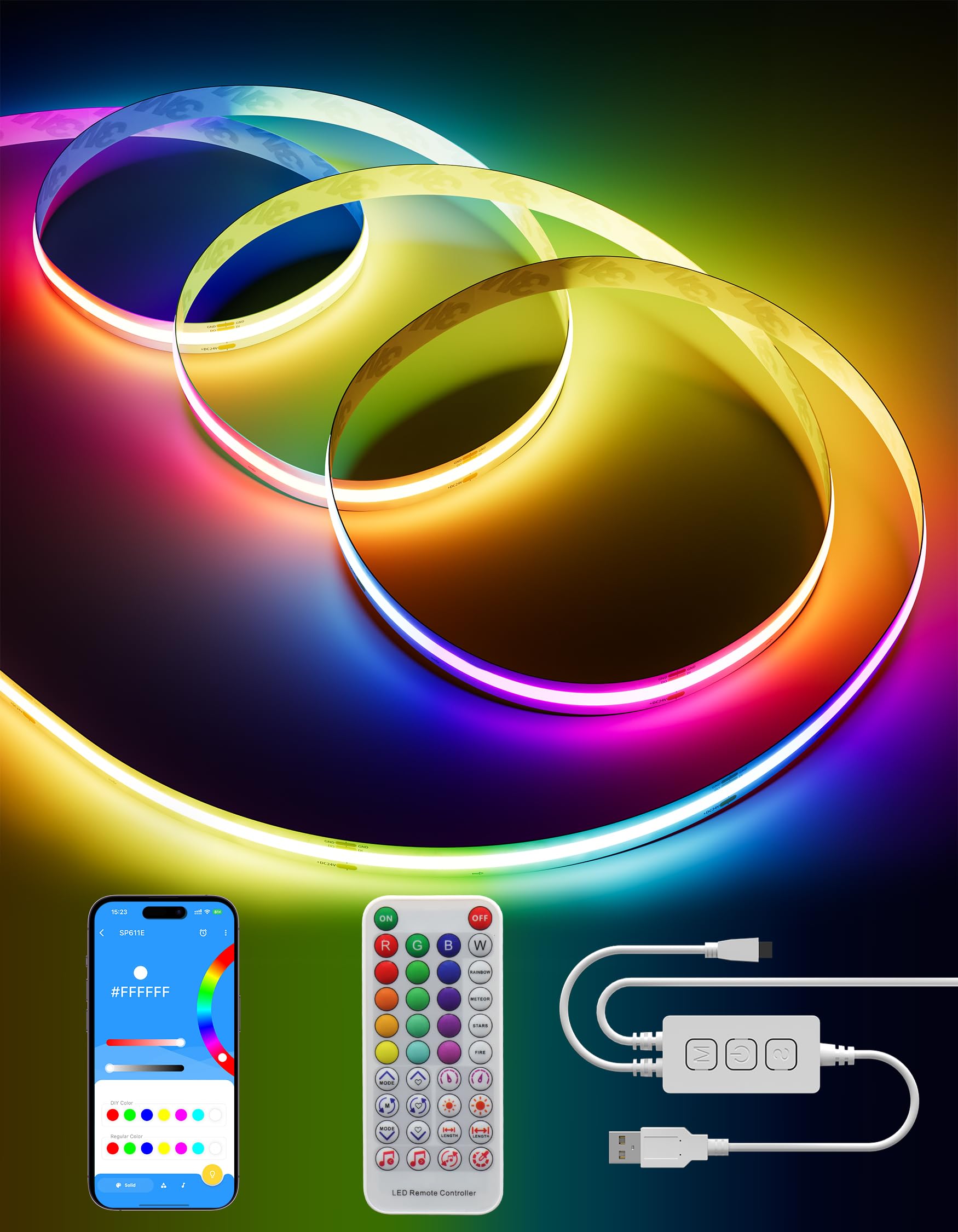 PAUTIX RGBIC USB COB LED Streifen Pixeladressierbare,5V RGB Smart IC Farbe wechselnde Streifen Multicolor Flexible Tape Licht 2M mit APP Steuerung/Musik Modus für Party DIY Dekoration