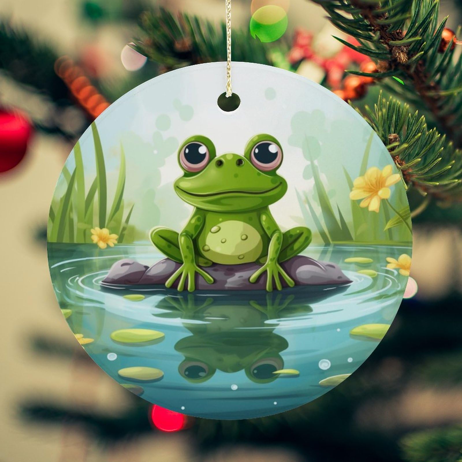 Frog in A Pond Christmas Ornament for Christmas Tree Ceramic Round Ornament Winter Holiday Keepsake Gift 2.7" Christmas Tree Hanging Decorations Circle Ceramic Pendant Xmas Gift